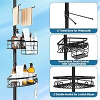 Vista 3 de Rustproof Corner Shower Caddy Freestanding Tension Pole, 4 Large Baskets for Bathtub Shampoo Storage Organizer Bathroom Height Adjustable Shelves