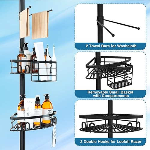 Miniatura 3 de Poste de tensión de esquina a prueba de óxido, 4 cestas grandes para tina, organizador de almacenamiento de champú, estantes de altura ajustable de