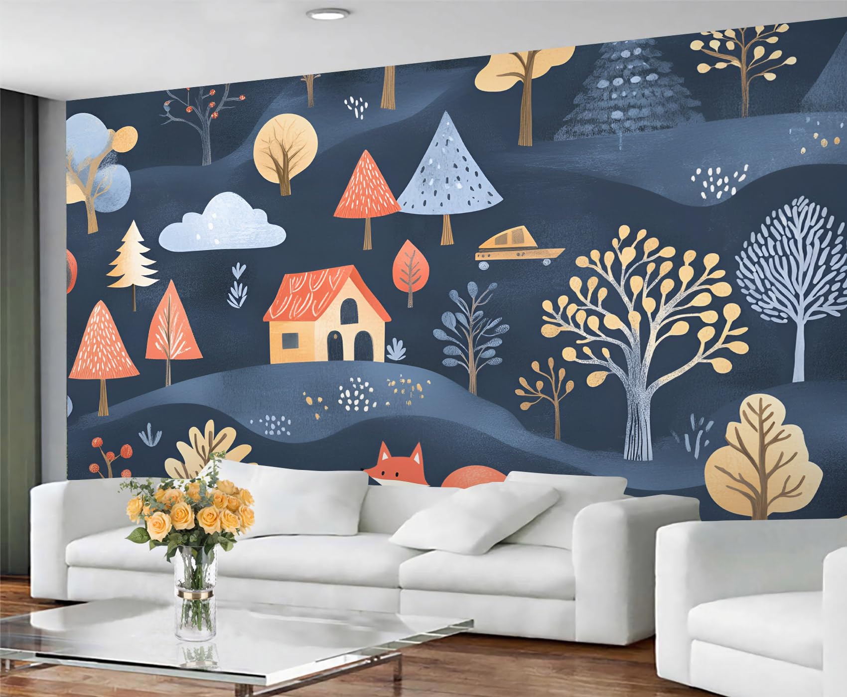 GIVLWF Cartoon Wallpaper Country Town Mural Wallpaper Blue Bedroom Wall Paper for Living Room Non Self Adhesive Wall Murals & Home Decor