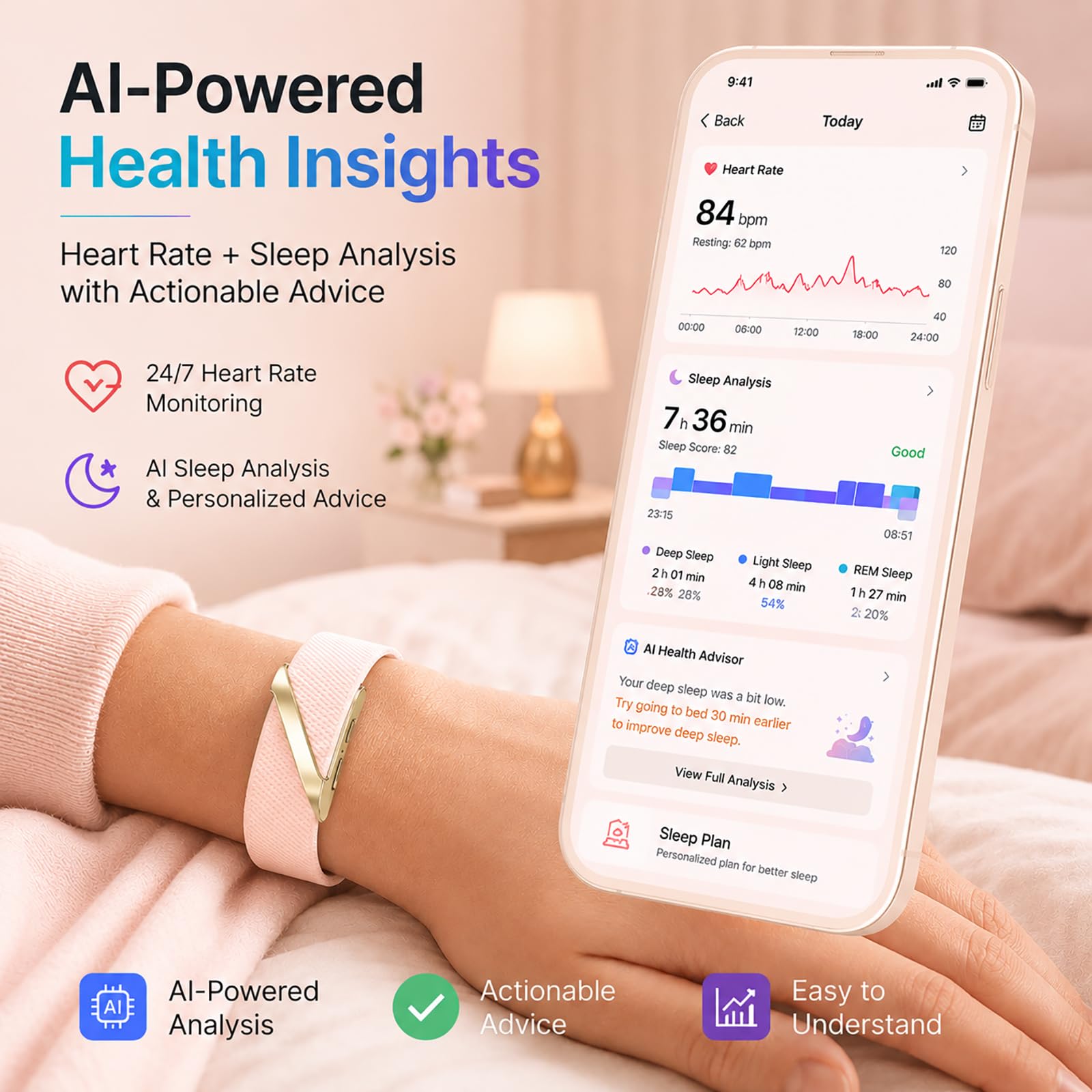 Rastreador de actividad inteligente con inteligencia artificial, monitor de frecuencia cardíaca 24/7, seguimiento multideportivo, sin pantalla, SOS y detección de caídas, impermeable y larga duración