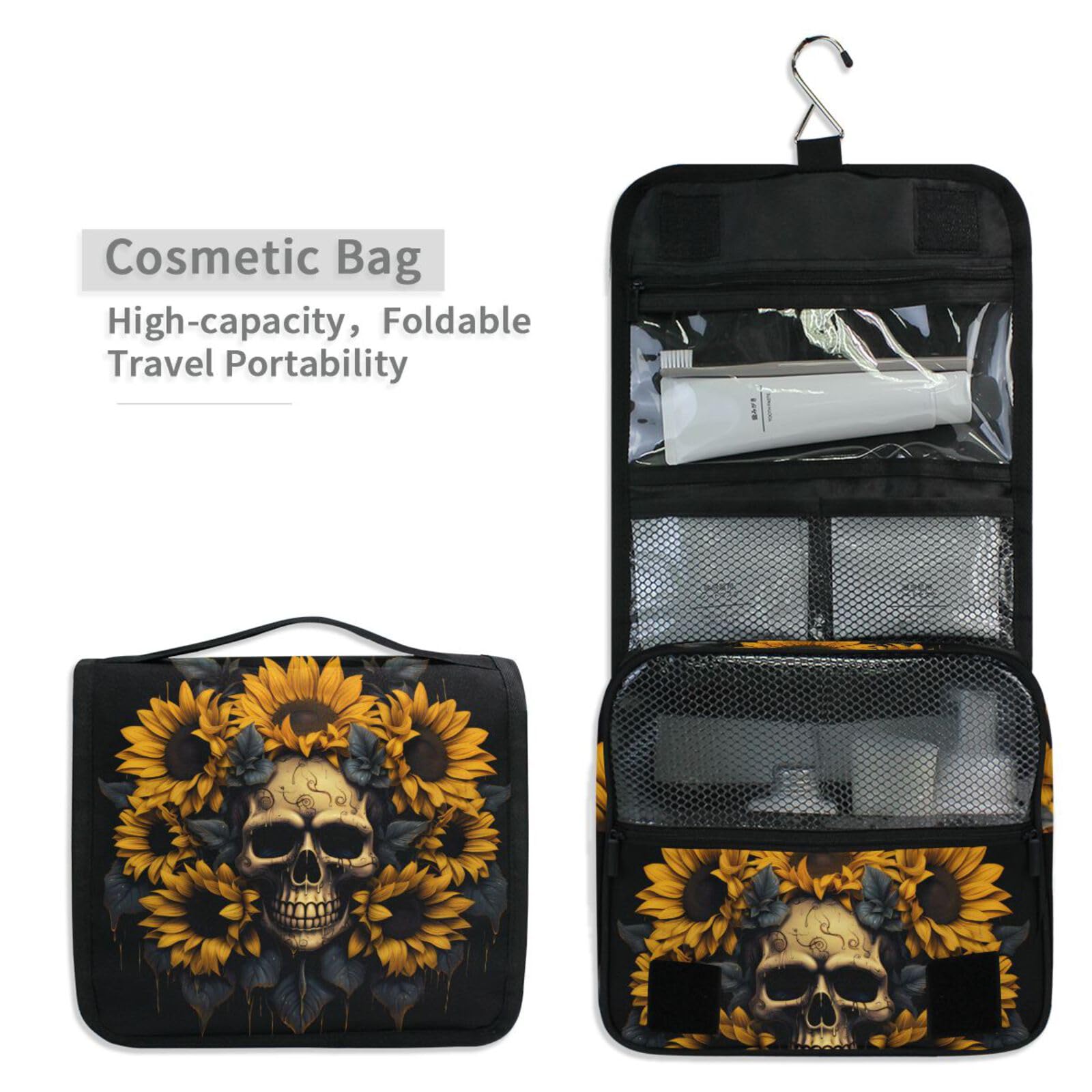 MNSRUU Neceser colgante de calavera y girasol, bolsa de maquillaje de viaje para artículos de tocador, organizador de artículos de aseo portátil, bolsas de cosméticos con gancho para colgar, Calavera