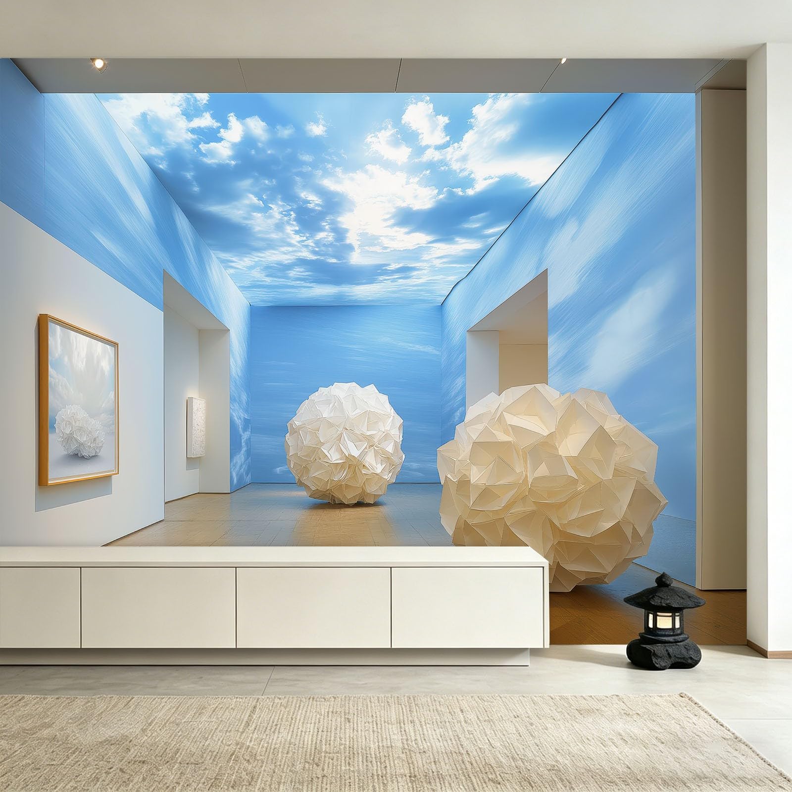 Surrealizm fototapeta, 200 x 140 cm (szer. x wys.), fototapeta, papierowa kula, chmura, błękitne niebo, dekoracyjna tapeta do salonu, sypialni, biura i kuchni