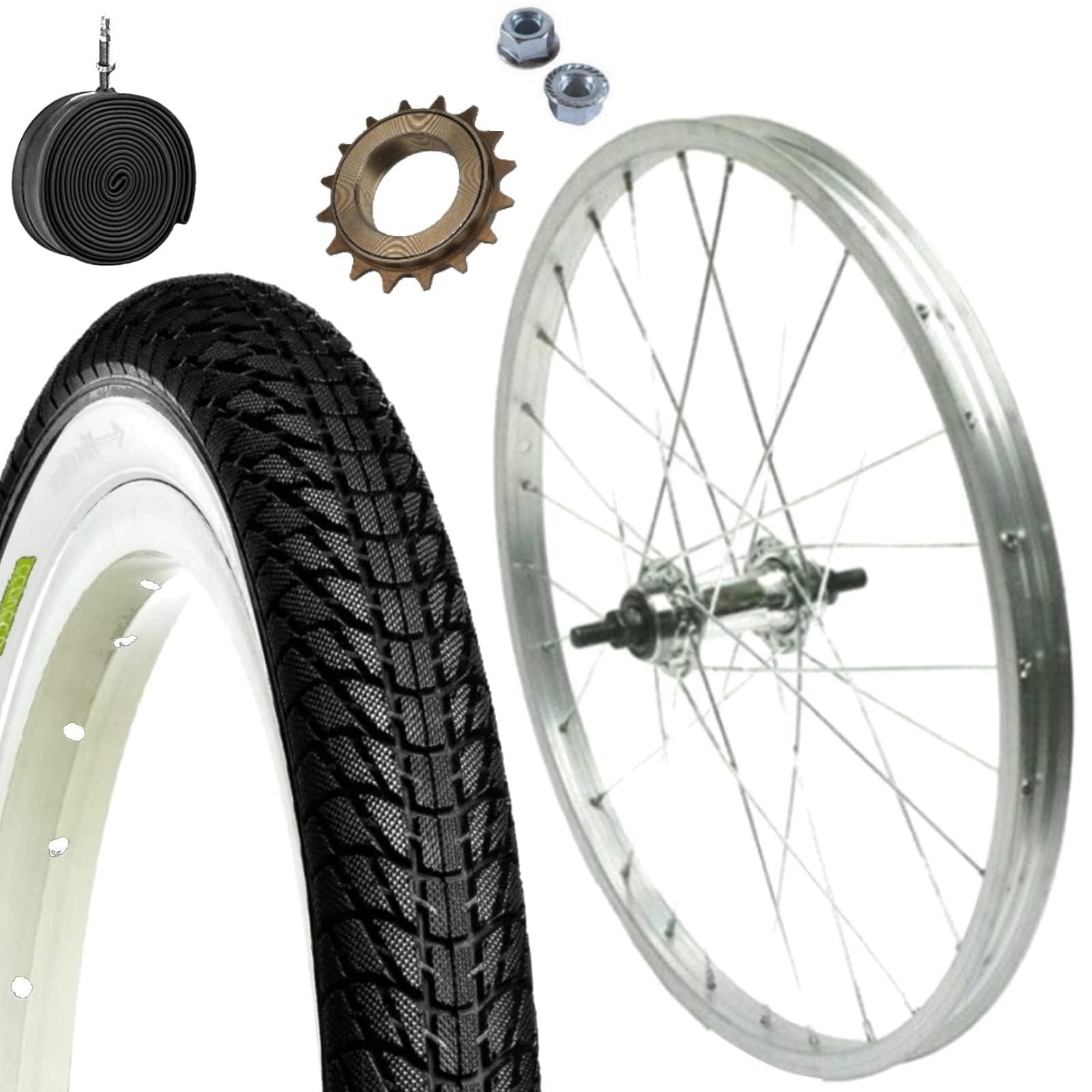 1 jante arrière 20 x 1,75 + pignon 16 dents + pneu blanc noir + chambre à air | pour vélo Graziella Epoca 20"