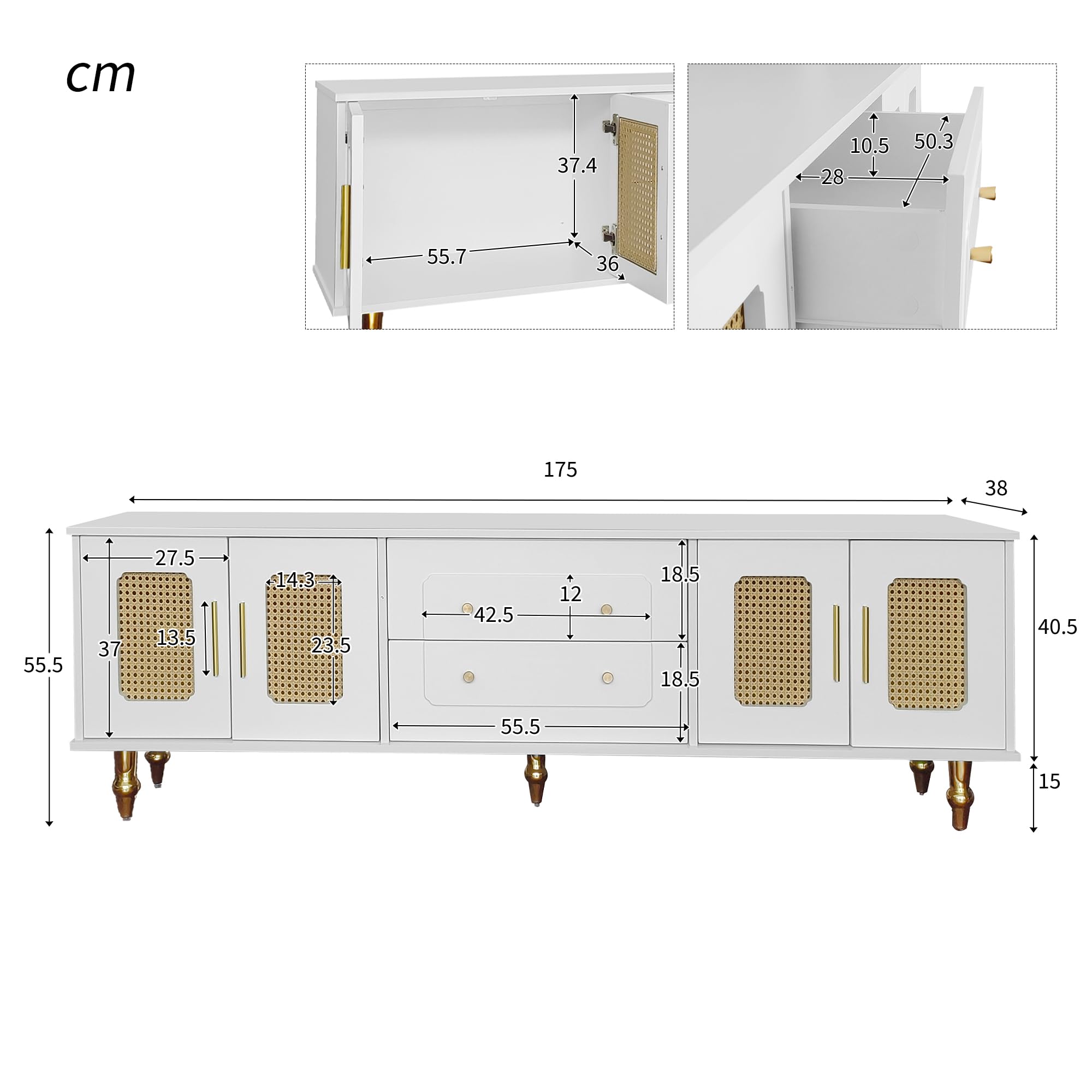 Mueble de TV de estilo retro con 6 compartimentos de almacenamiento, asas doradas, puerta de ratán y patas de metal, aparador de TV para salón (blanco, 175 x 38 x 55,5 cm)