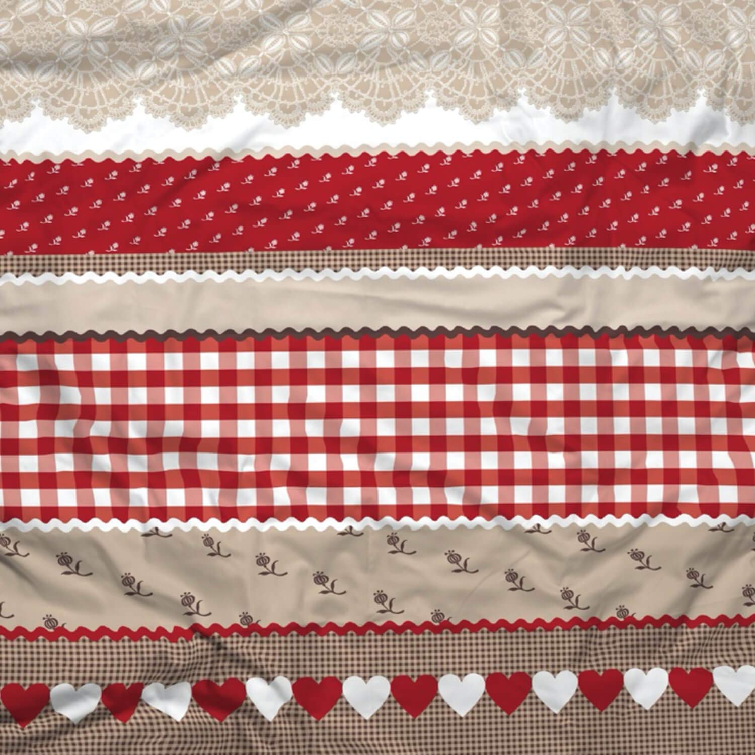 CASATEX Renforcé Bettwäsche Landhaus Rot Braun Baumwolle Herz Karo Kariert Romantik, Größe:155 cm x 220 cm