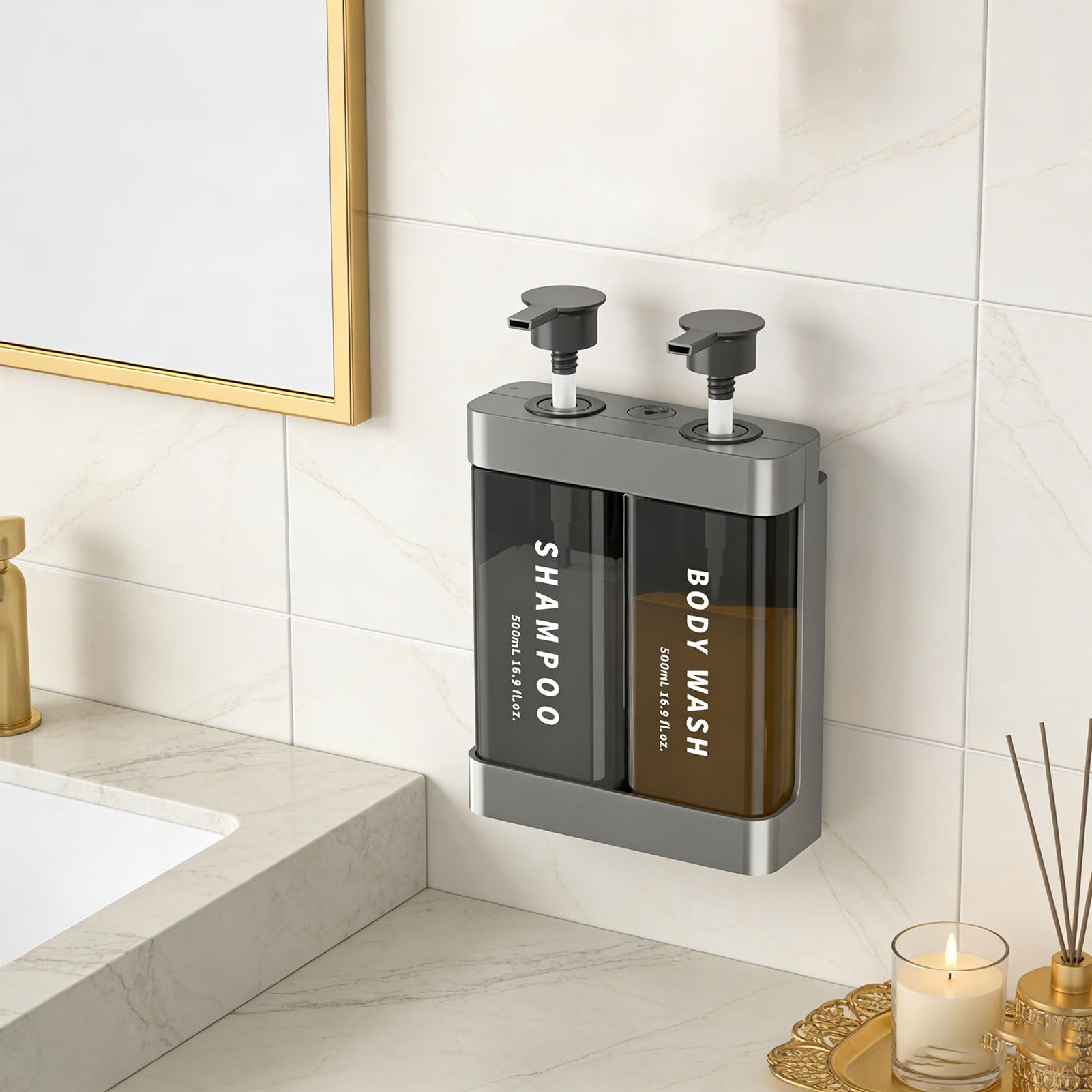 Dispenser di Sapone per Doccia, capacità di 500 Ml a 2 Camere per Montaggio da Tavolo o a Parete, Dispenser per Pompa per Balsamo per Shampoo, per il Bagno di Casa Dell'hotel