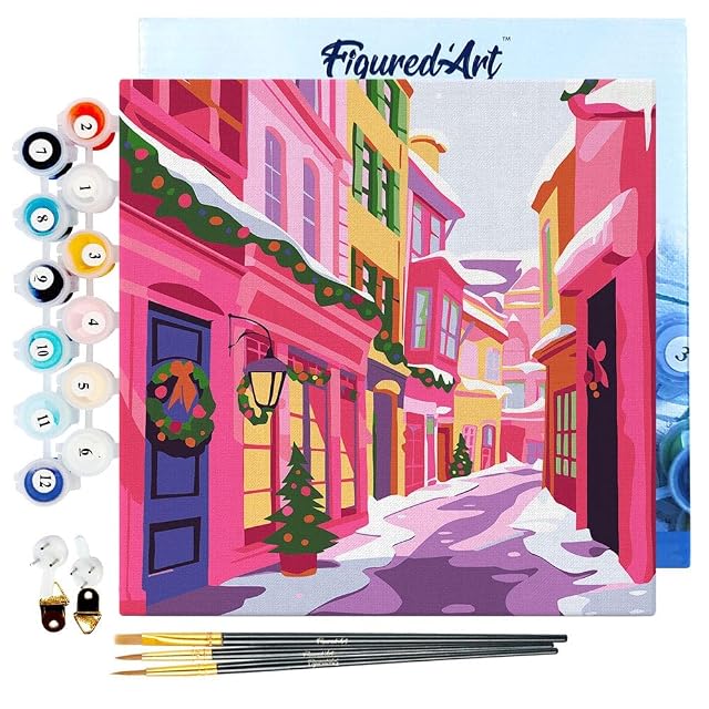 Figured'Art Mini Pintar por Números 20x20cm con marco para Adultos Callejón navideño rosa