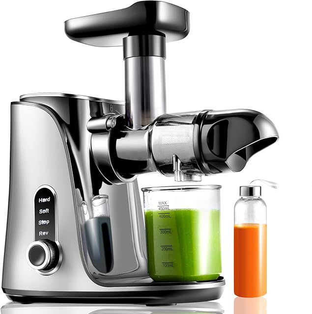 AMZCHEF Cold Press Juicer - 90% Juicing Rate - Masticating Juicer Whole Fruit and Vegetable - Slow Juicer with 2 Speed Modes - Juicer Machine with Reverse Function for Smoother Juicing - Grey