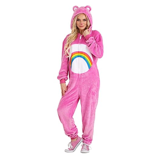 Cheer Bear Adult Care Bears Onesie Costume with Hood & Rainbow Badge for Halloween Cosplay - Officially Licensed