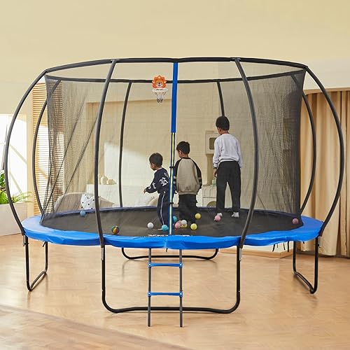 Miniatura 8 de VEVOR Trampolín de 12 pies, trampolín de 400 libras con red de cierre, escalera y poste curvo, trampolín resistente con alfombrilla de salto y