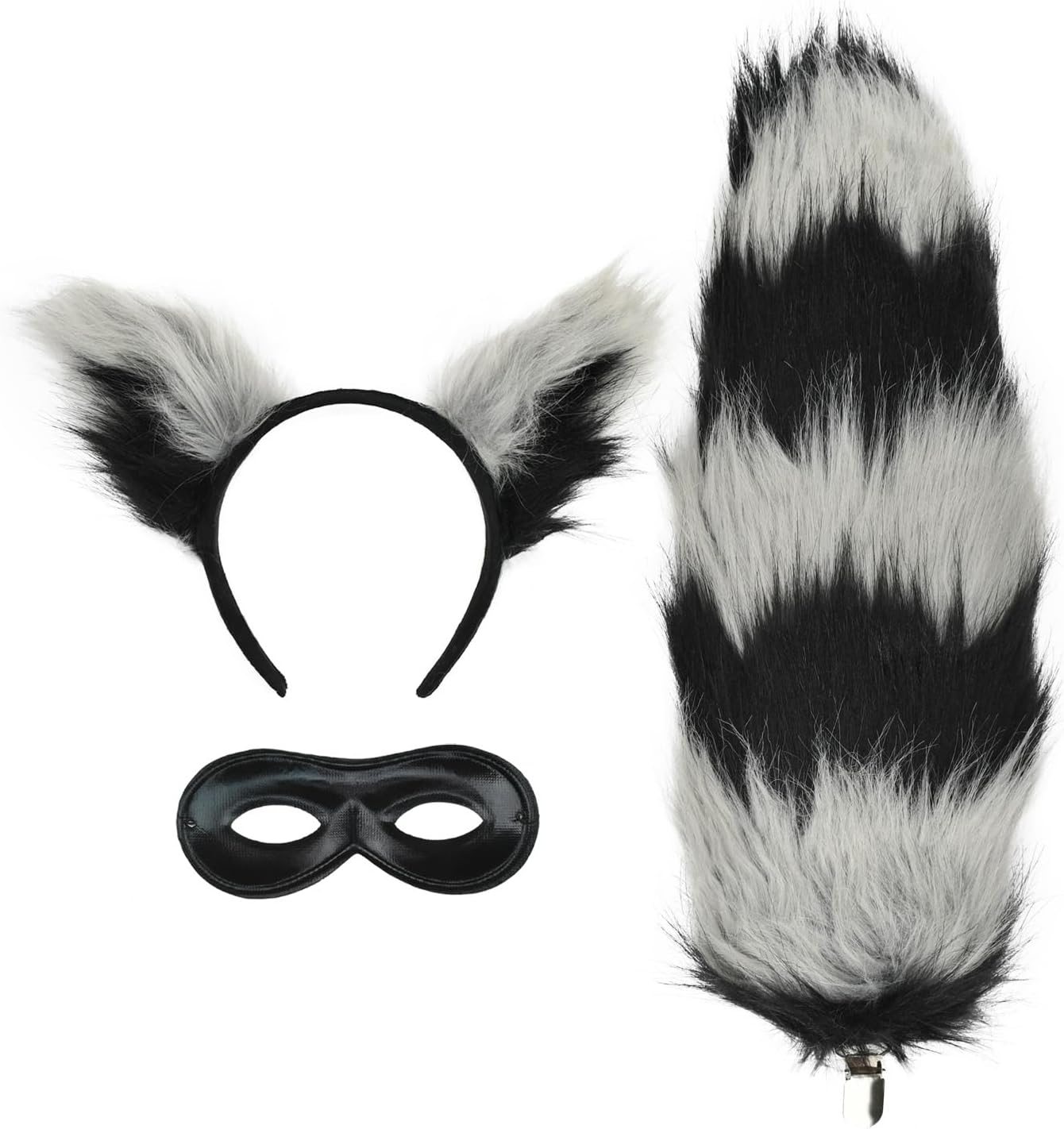 Halloween Costume Raccoon Set, Black and White Furry Ears Headband, Tail with Eye Mask, 3-Piece Dress Up Accessories