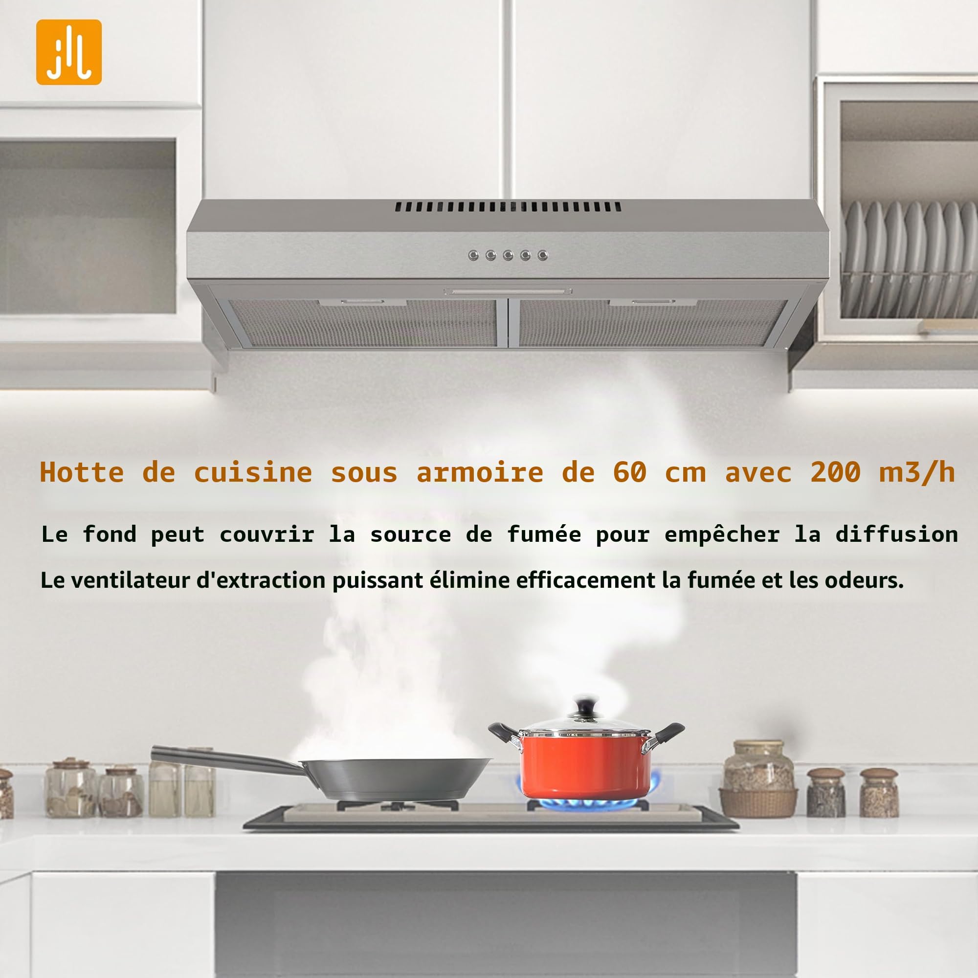 FIREGAS Hotte Aspirante 60cm, Extracteur de Cuisine Sans Évacuation, 3 Vitesses, Filtres en Aluminium Lavables, Filtres à Charbon inclus, Argent