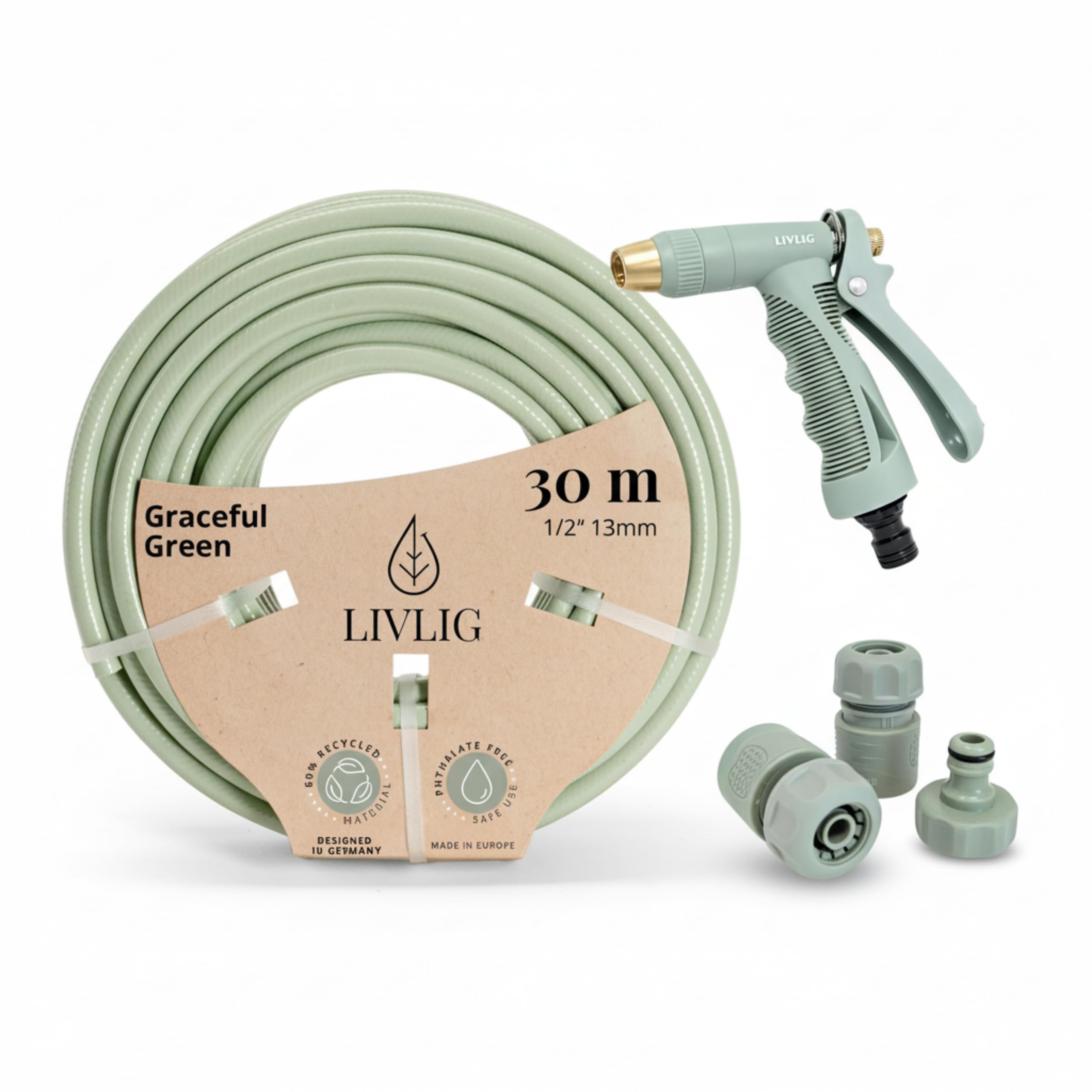 LIVLIG Set tubo 30 m 1/2" – tubo anti‑piegatura e UV con pistola e raccordi (G3/4, stop 1/2, rapido) – Verde
