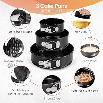 RFAQK 100pcs Cake Pan Sets for Baking + Cake Decorating Supplies: 3 Non-Stick Springform Pans Set (4, 7, 9 inches), Icing Tips, Cake Leveler Multi-functional Leak-Proof CheeseCake Pan & eBook