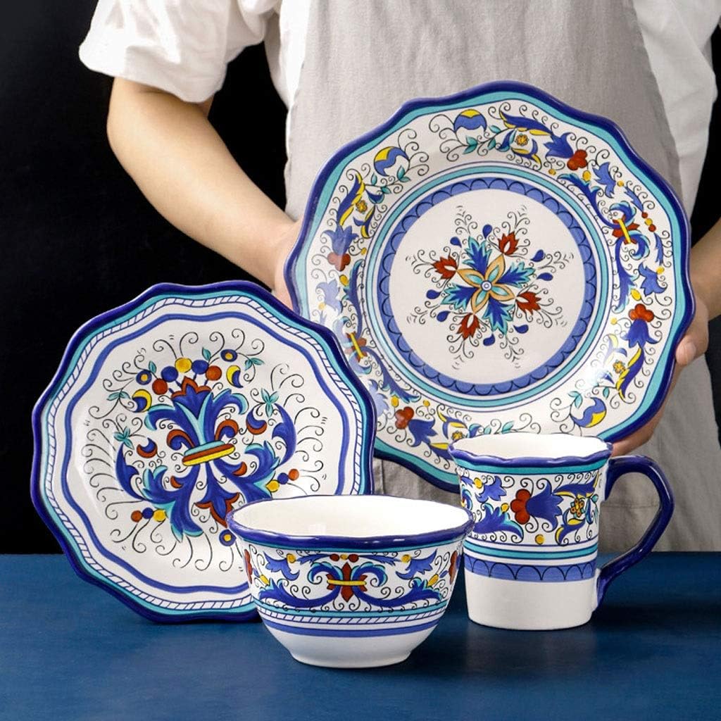 6 piece Retro Ceramic Tableware Set Fashion Hand Painted Flower Underglaze Salad Bowl Breakfast Plate Mug Combination