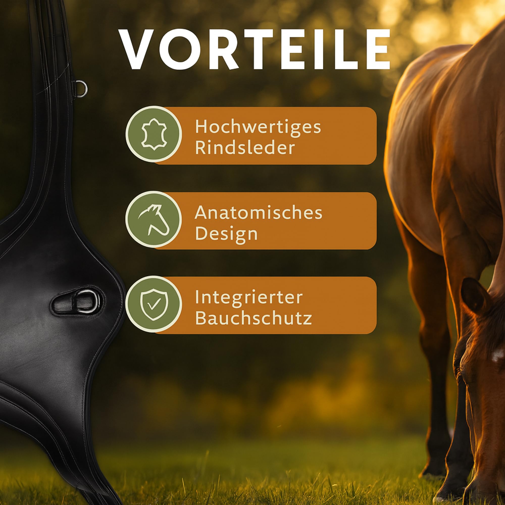 ARBO-INOX Stollenschutzgurt anatomischer Sattelgurt – Bauchschutz beim Reiten – Leder mit Elastikeinsätzen | 105-135 cm Längen | Braun oder Schwarz