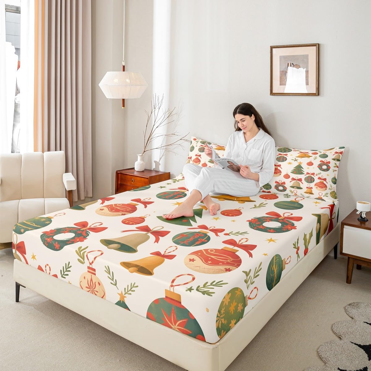 Christmas Bell Fitted Sheet Christmas Ornaments Full Size Bed Sheets - Cute Red Bow Tie Poinsettia Flowers Wreath Garland Bedding Set