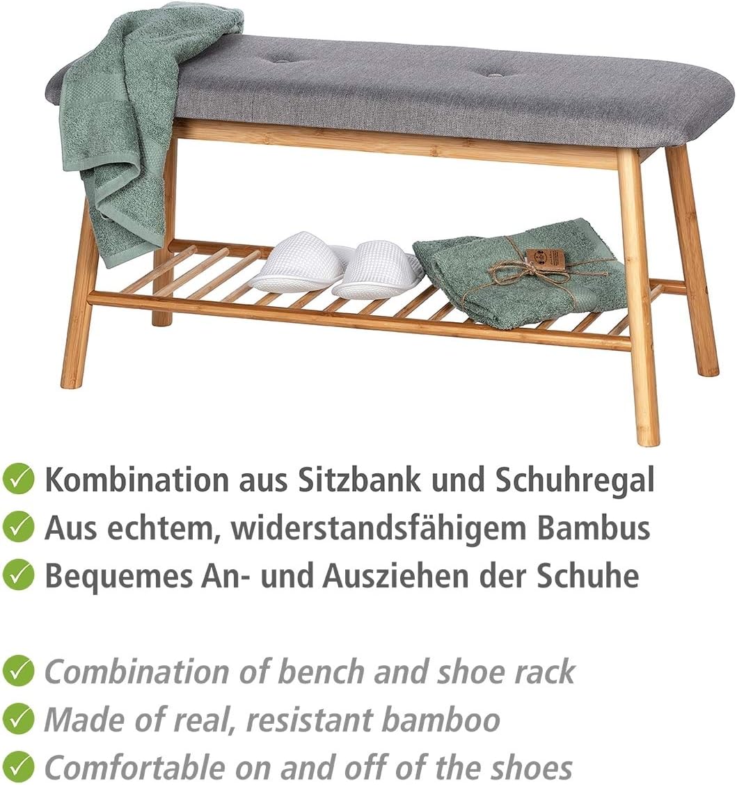 Wenko Entryway Storage Bench with Padded Seat, Bamboo Rack, Shoe Shelf, Grey, 35.43 x 17.72 x 13.38 in, 90 x 45 x 34 cm, Gray : Home & Kitchen