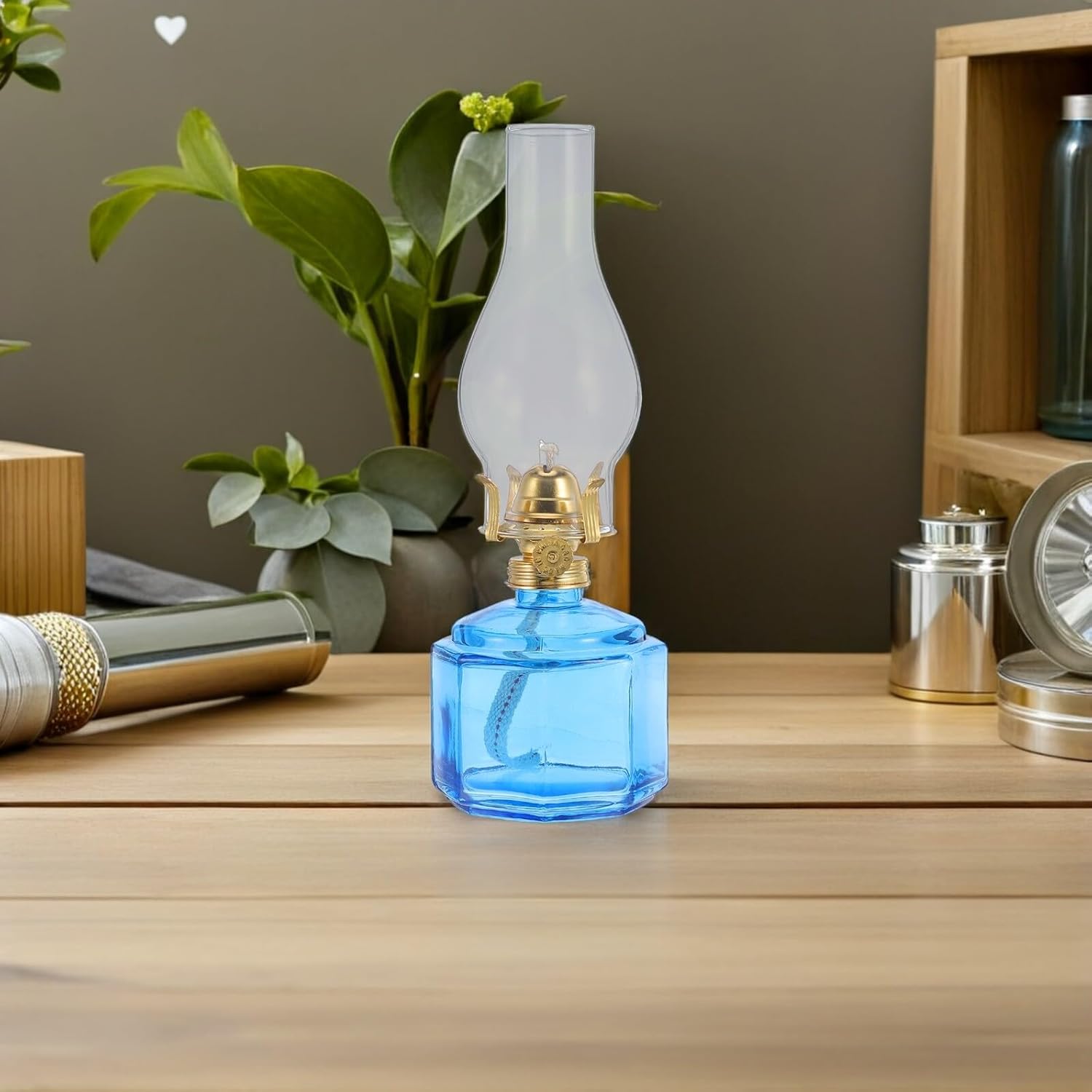 Rustic Blue Glass Oil Lamp for Indoor and Outdoor Use, Polygonal Kerosene Lantern with Windproof Design, Decorative Vintage Table Lamp for Home and Emergency Lighting