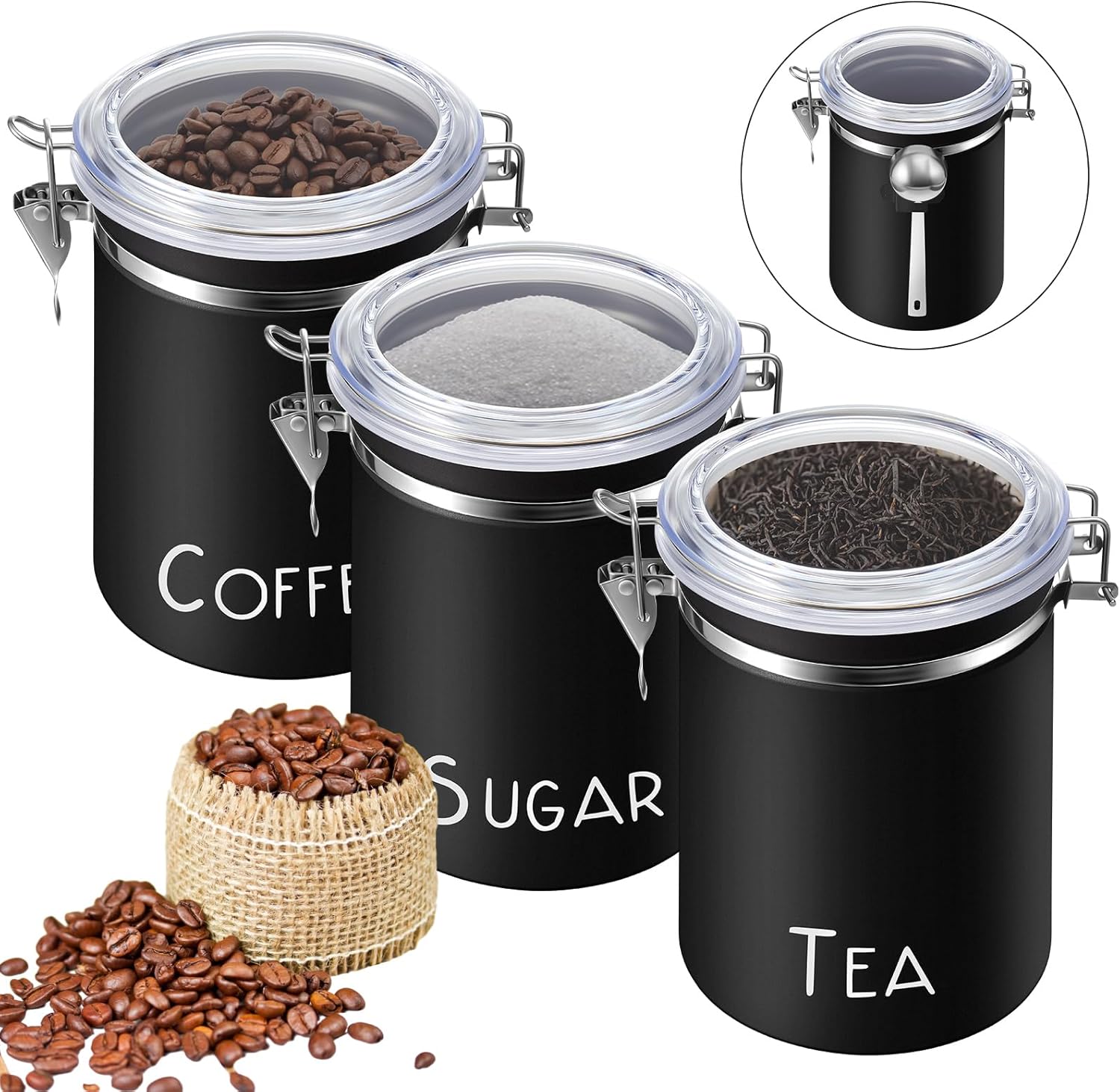 3 Pcs Extra Large 60.8 oz Airtight Coffee Canister with 3 Spoons Stainless Steel Food Storage Canisters Coffee Jar with Lid Locking Clamp for Kitchen Counters Tea Sugar Flour Coffee Bean