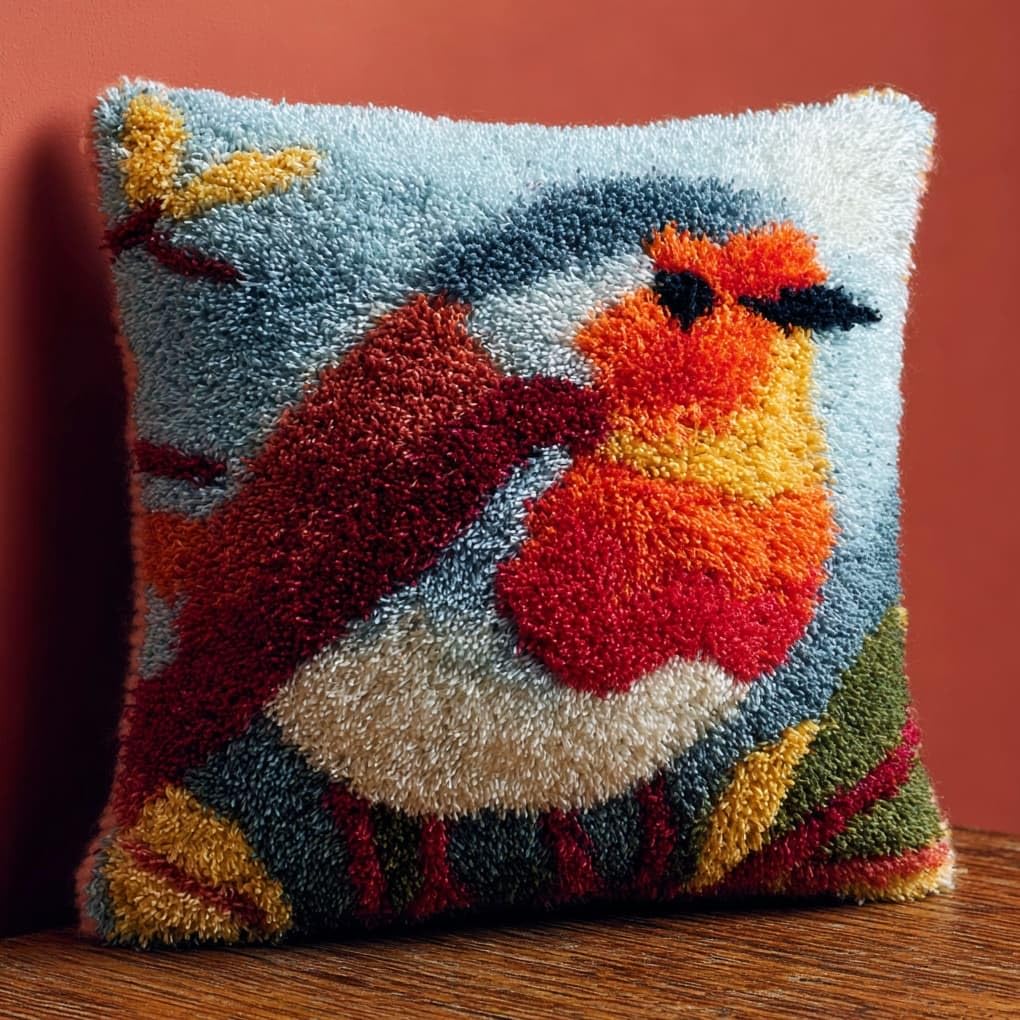 WallustrioaW Latch Hook Pillow Cover Kit,Animal Robin