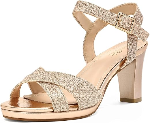 DREAM PAIRS Women’s ICE-1 High Chunky Block Platform Heels Open Toe Ankle Strap Dress Pump Heel Sandals Champagne Size 6.5
