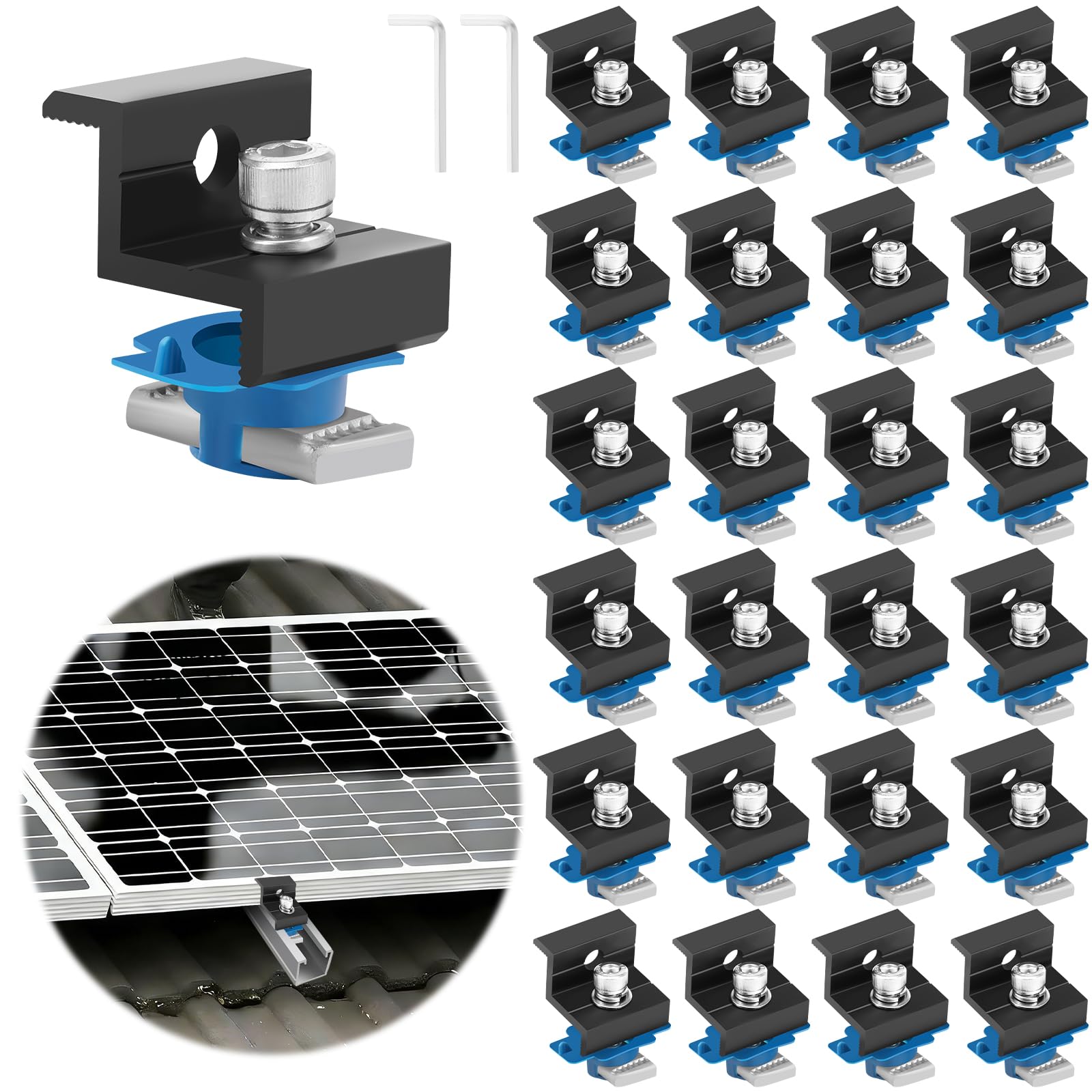 24 zaciski do modułów solarnych, 30 mm, aluminiowe zaciski końcowe modułu PV, konstrukcja z podwójnym otworem, z 2 uchwytami na klucze, mocowanie do panelu słonecznego, mocowania paneli słonecznych do