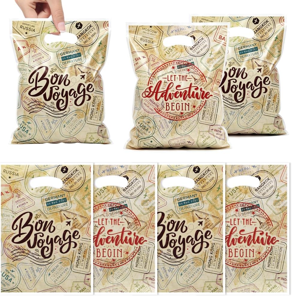 50Pcs Vintage Travel Gift Bags, Beige Postmark Design with "Let the Adventure Begin" & "Bon Voyage", Double-Sided Handled OPP Bags for Travel Themed Parties, Farewell Gifts, Wanderlust Favors 7.1 x 9.8 in