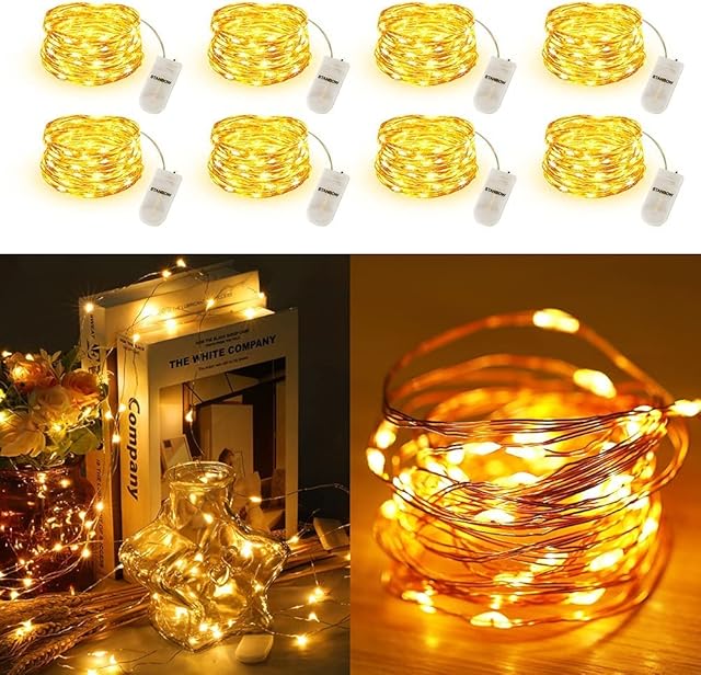 STANBOW Small Led Lights, 2M 20Led Warm White Small Fairy Lights Battery Operated , Mini Copper Wire Led Lights, Micro Lights for Holiday Wedding Party Birthday Indoor Decorations, Pack of 8