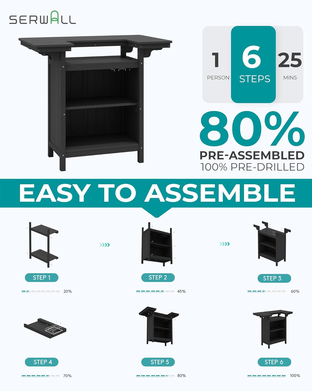 SERWALL Outdoor Bar Table,Patio Bar Cabinet with 4-Tier Storage and Spacious Tabletop for Outside,Poolside, Backyard,Made of HDPE,Black