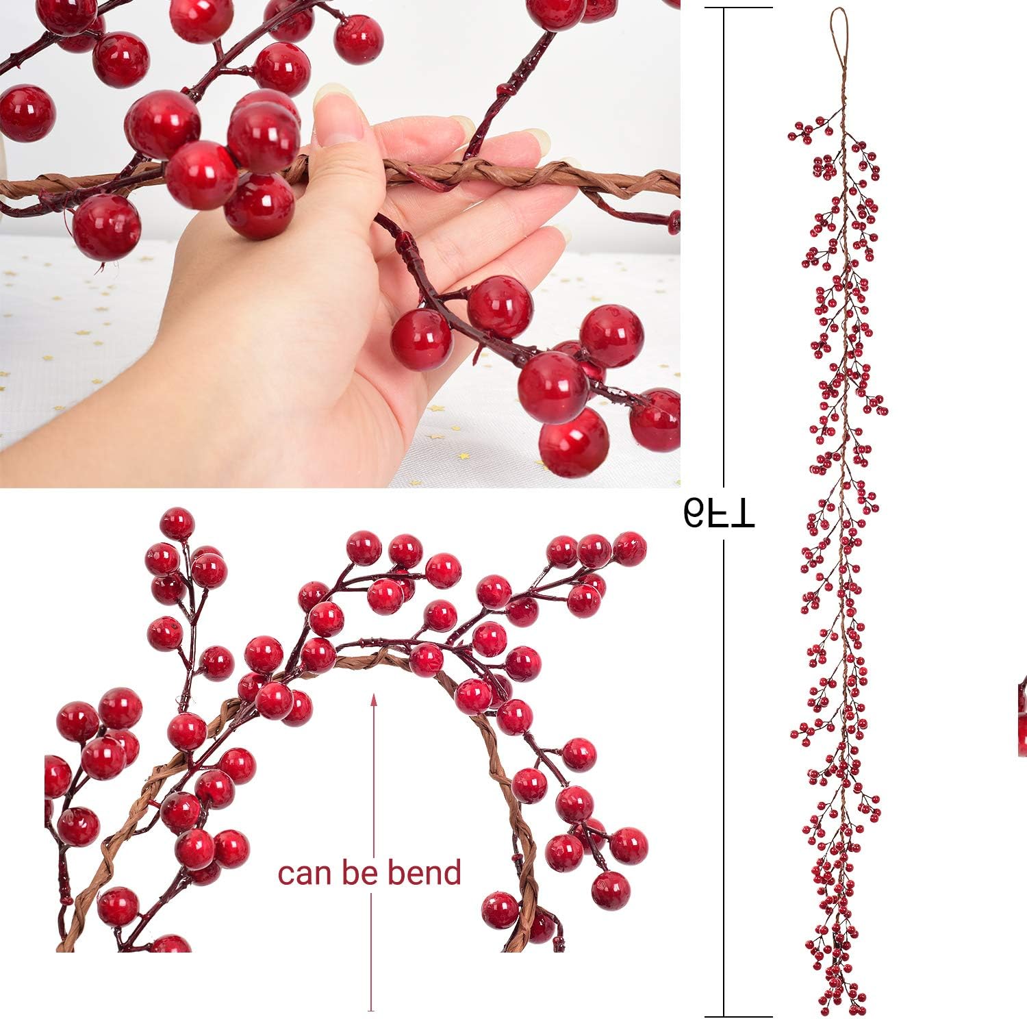 DearHouse Red Berry Christmas Garland, 6FT Artificail Garland Indoor Outdoor Garden Gate Home Decoration for Winter Holiday New Year Decor
