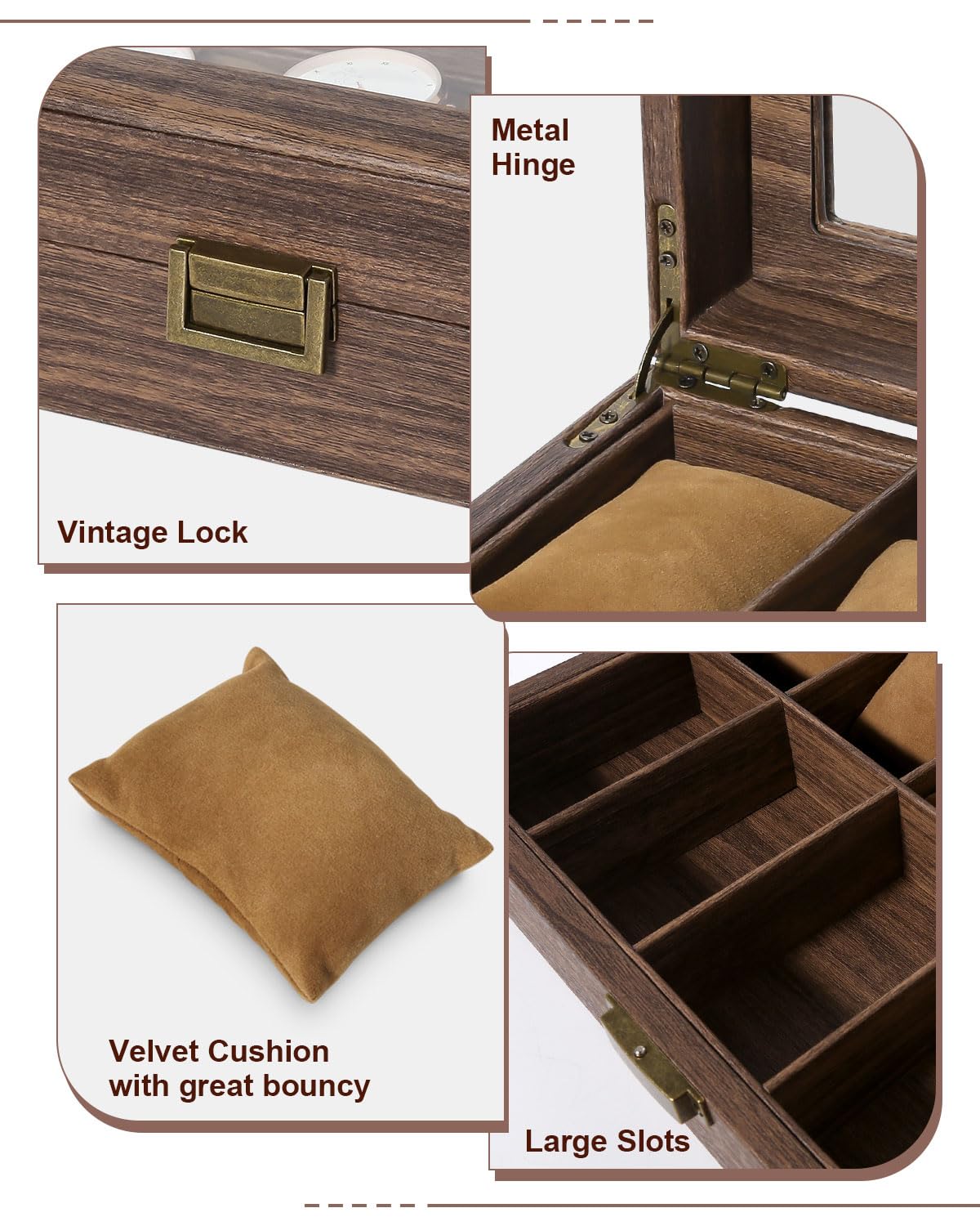 Uten Scatola per orologi con 12 scomparti, con coperchio in vero vetro, in pelle PU con venature del legno, con cuscini rimovibili in finta pelle scamosciata, chiusura in metallo, regalo per uomini e