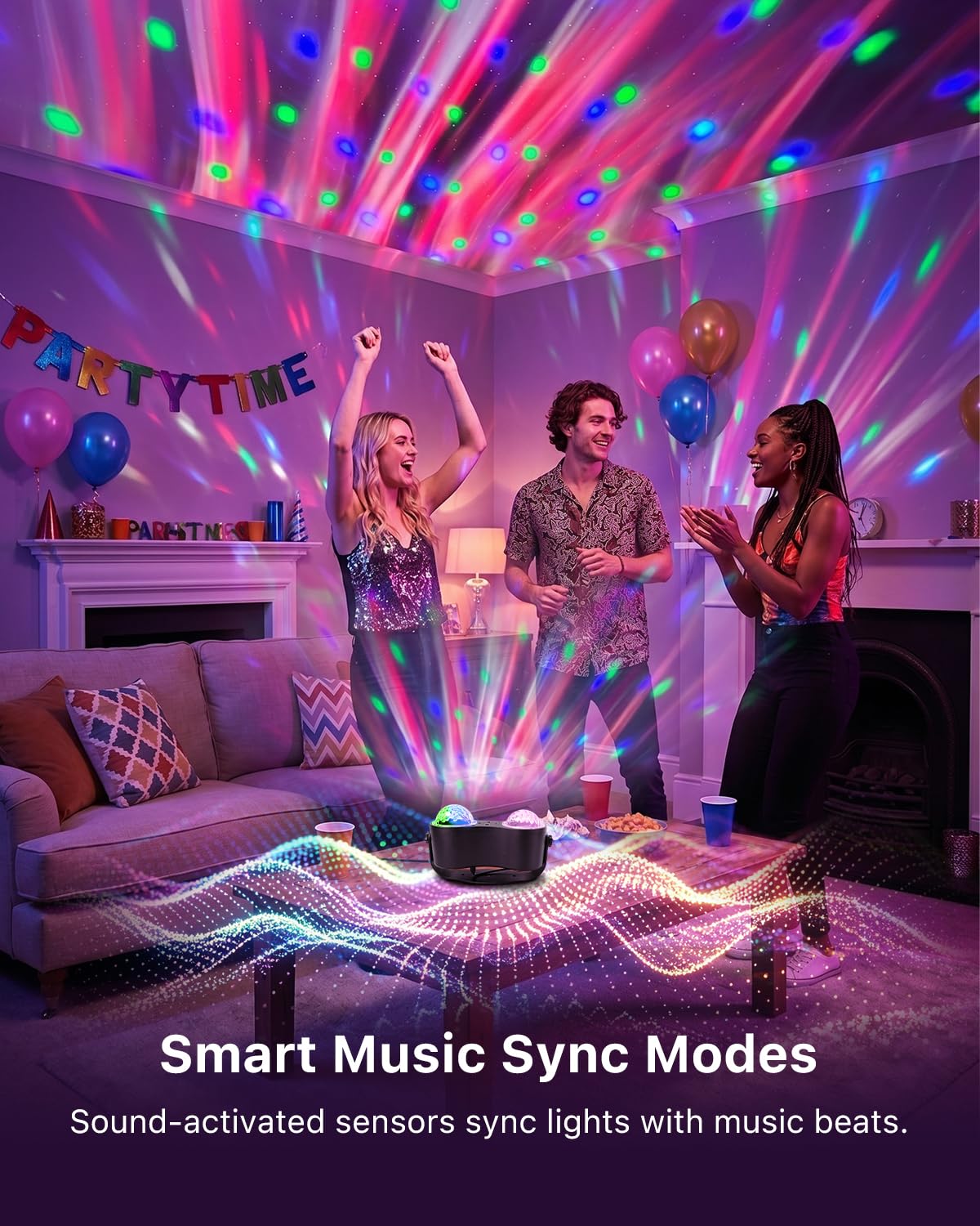 Discokugel Partylicht, 3 in 1 Bühnenlicht mit fließendem Nebel Aurora Effekt und dynamischen roten & grünen Strahlen, Soundaktivierte Stroboskoplicht mit Fernbedienung für Zuhause Karaoke Zimmer
