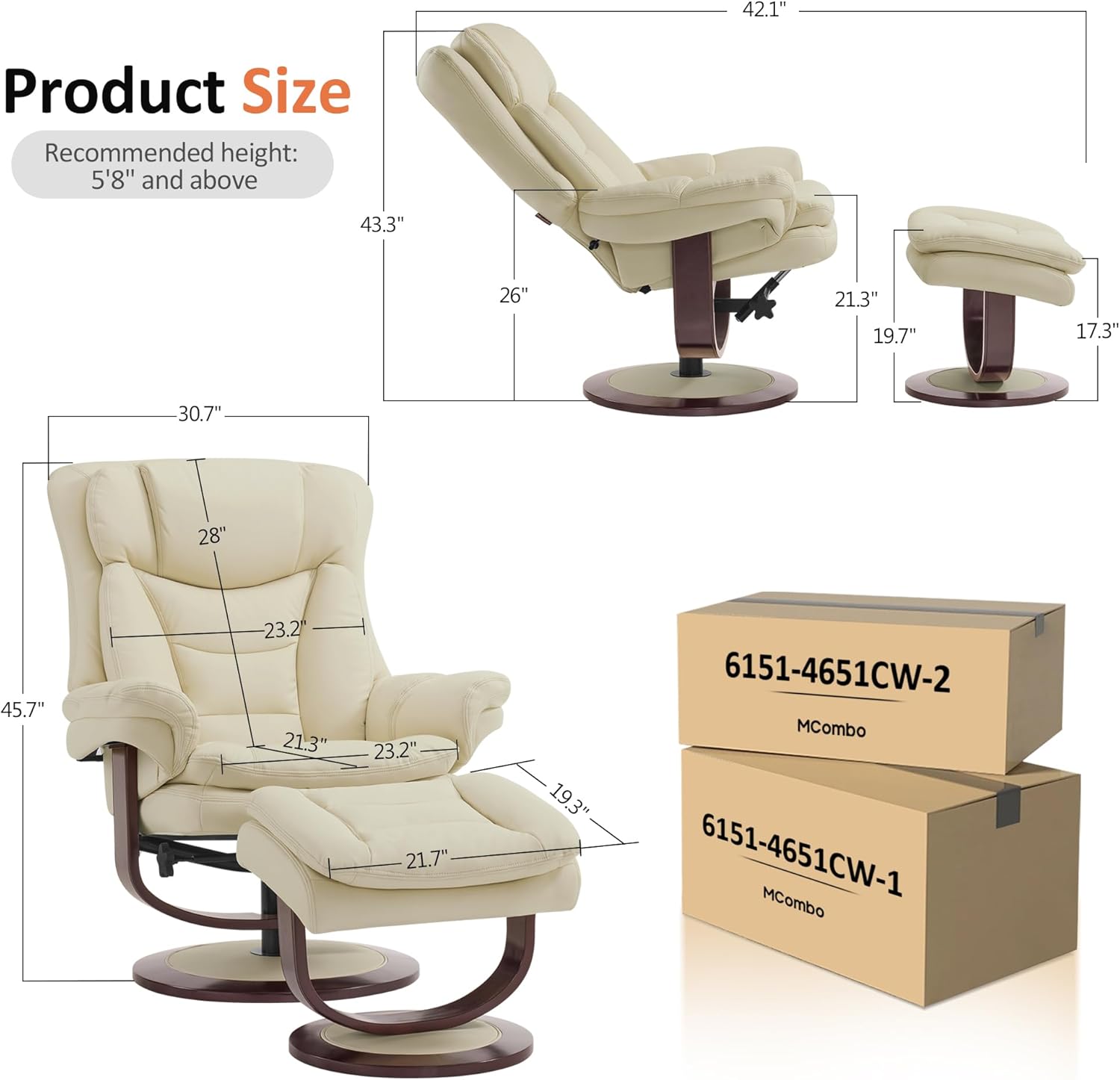 Product dimensions and packaging for MCombo recliner chair