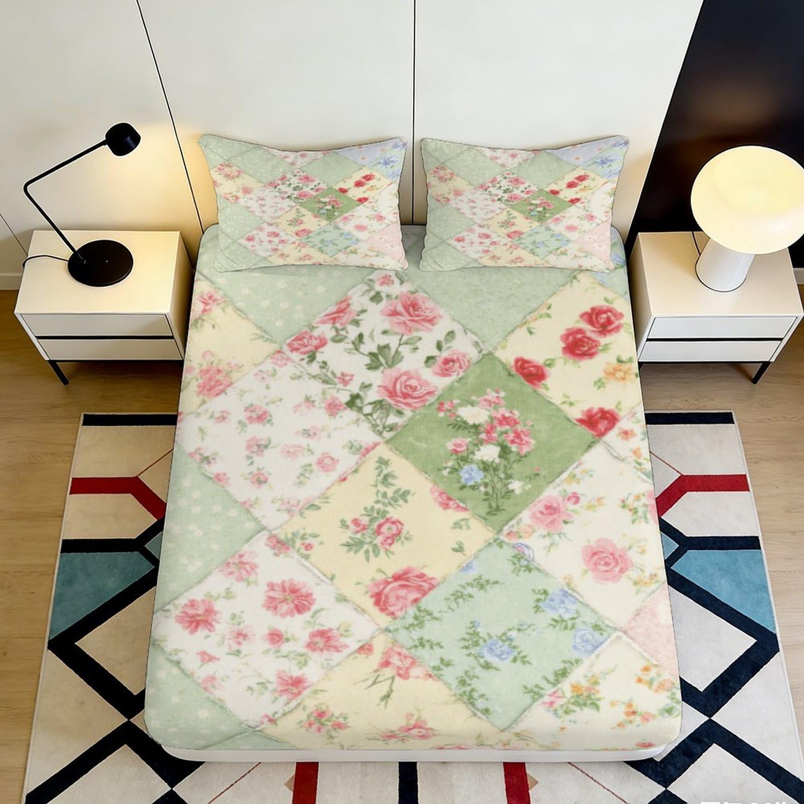 3D Printed Patchwork Floral Fitted Sheet Microfiber Deep Pocket Non-Slip Cottage Mattress Fitted Cover for Home Bedroom 180x200x25cm