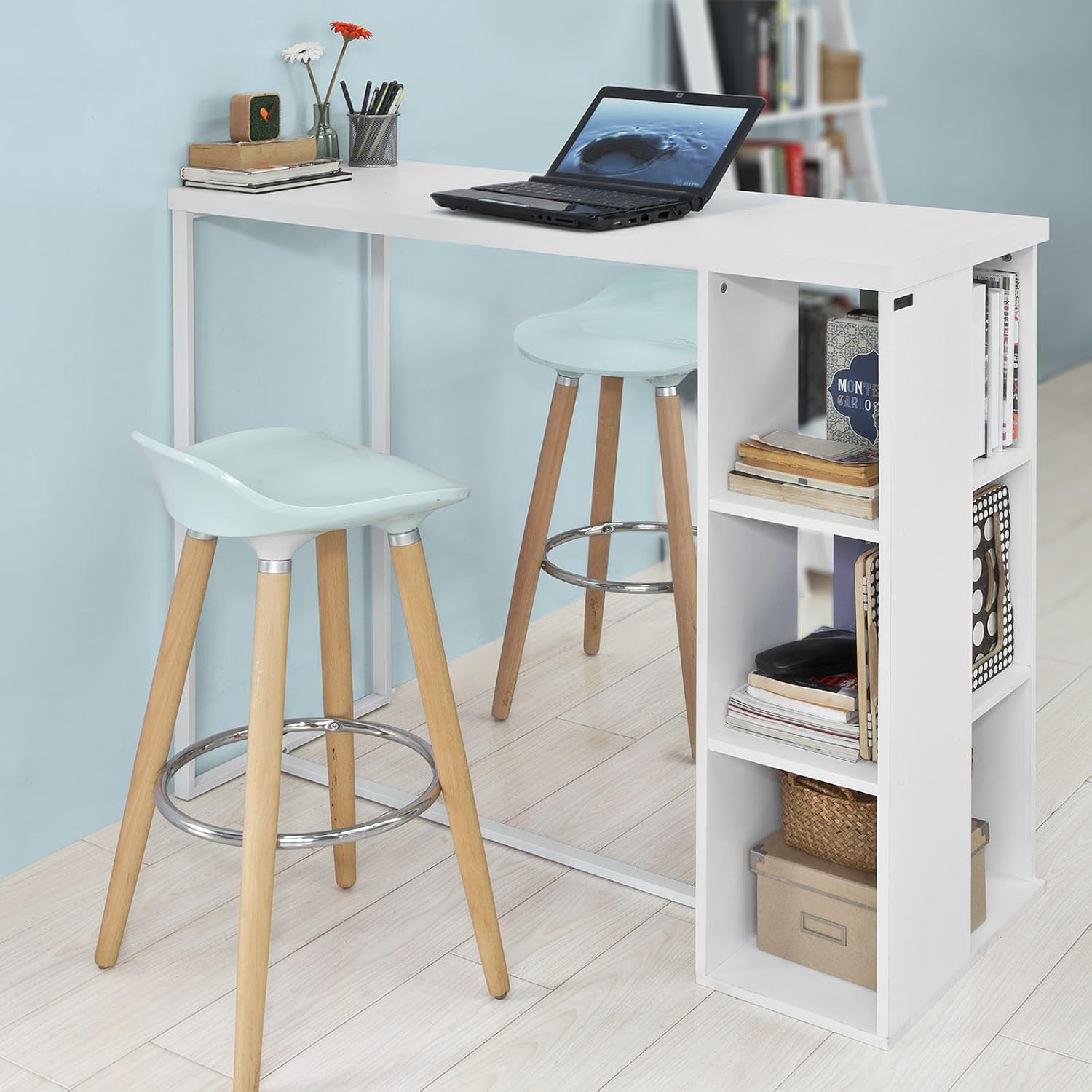 SoBuy FWT39-W Bar Table in a kitchen setting with stools and items on shelves
