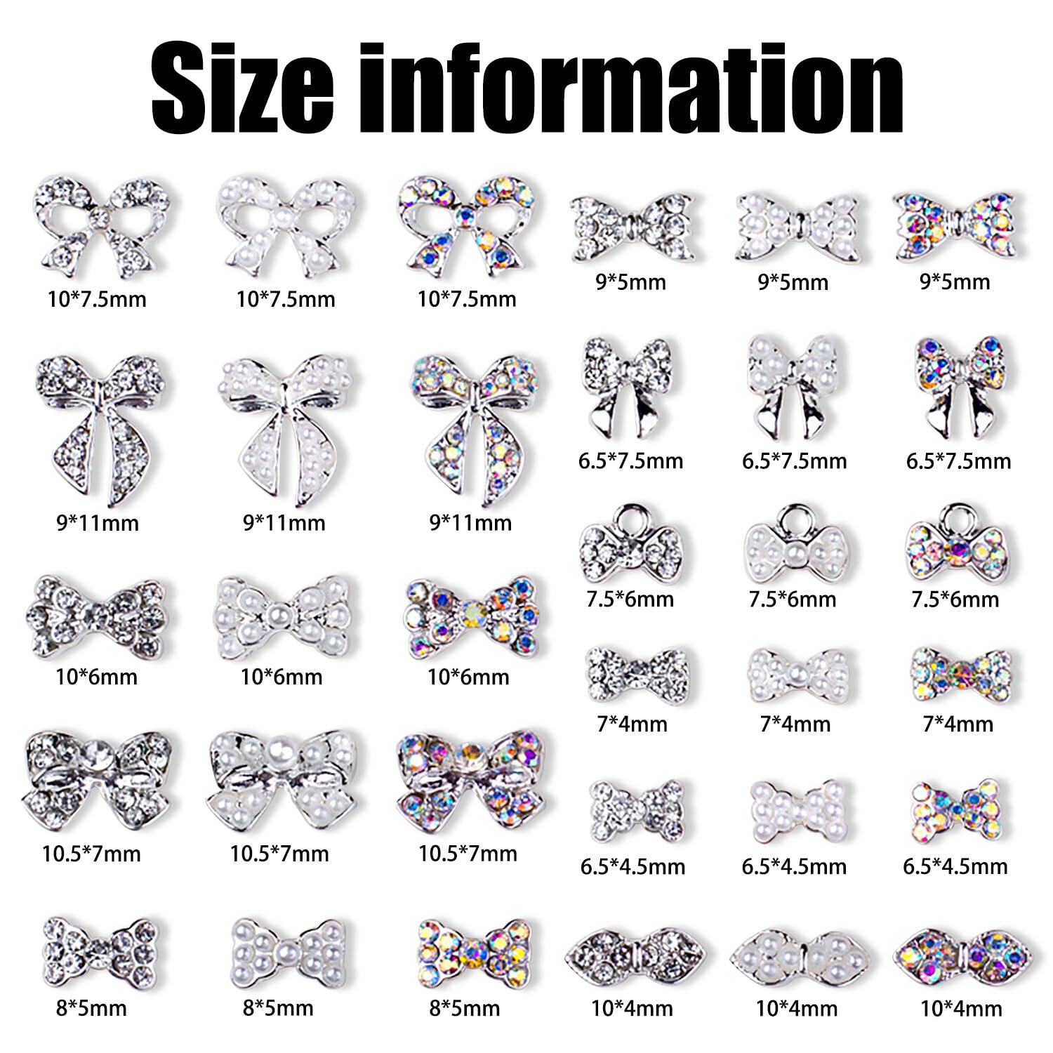 XEAOHESY 33 Pcs Silver Alloy Nail Bow Charms for Nails Bow Nail Charms Gems Bowknot Nail Studs Inlaid Pearl Clear Iridescent Rhinestone for Women Girls Nail Art Decorations