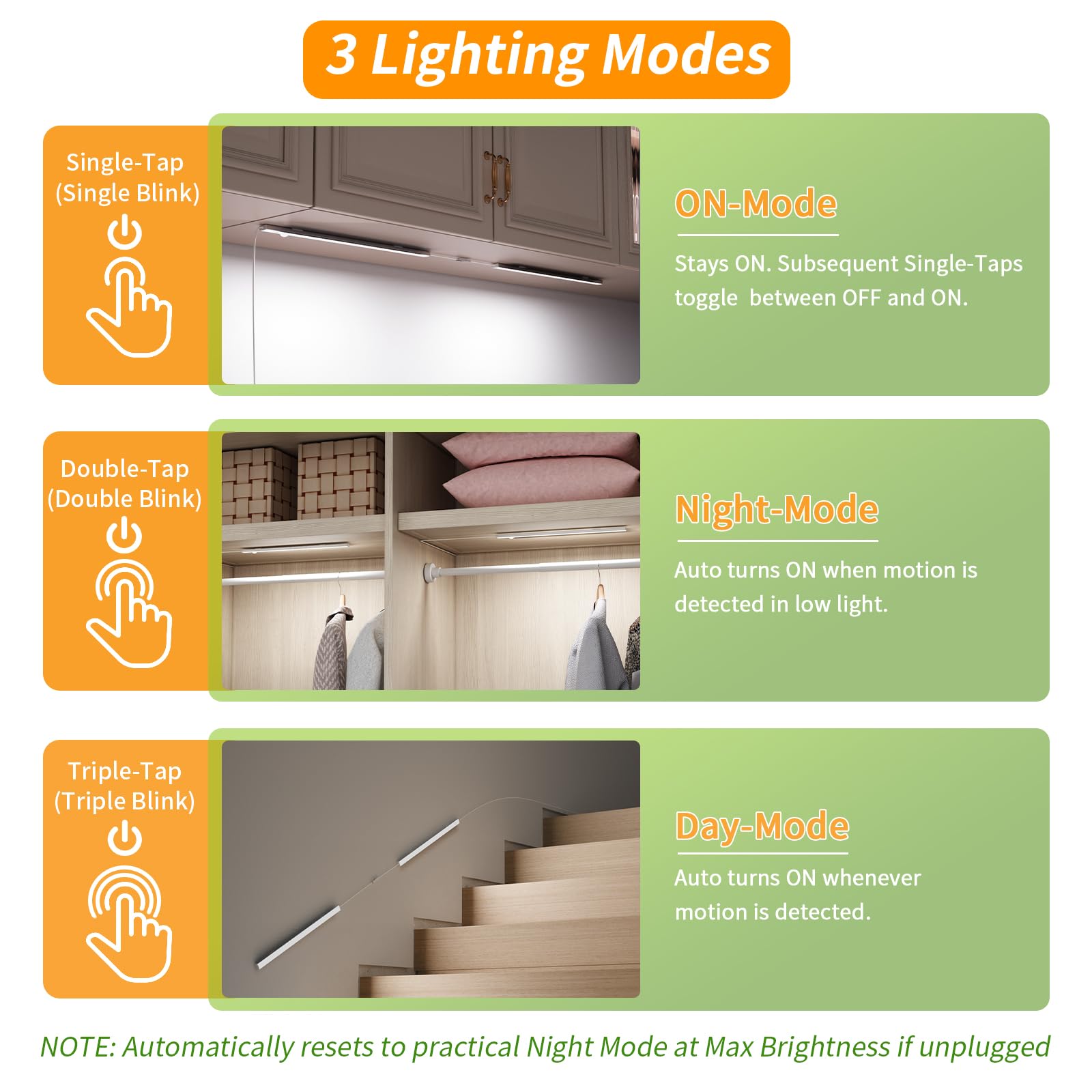 Luce LED con sensore di movimento da 35,6 cm, sottile, USB plug-in per interni, luminosa e dimmerabile, 3 modalità (on/notte/giorno) per cucina, armadio, armadio - 3000 K bianco caldo, 1