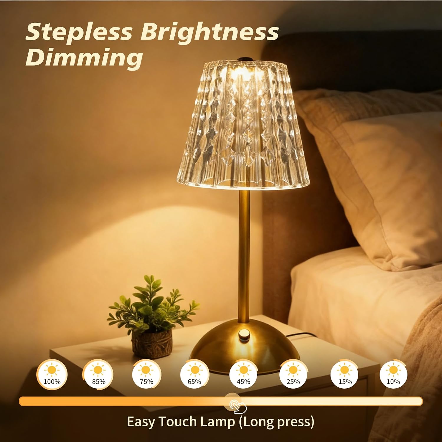 Cordless Table Lamp, Rechargeable Batteries LED Lamp with Stepless Dimming & Touch Control, Portable Vintage Nightstand Lamp for Bedroom, Living Room, Kitchen, Home Decor (Gold)
