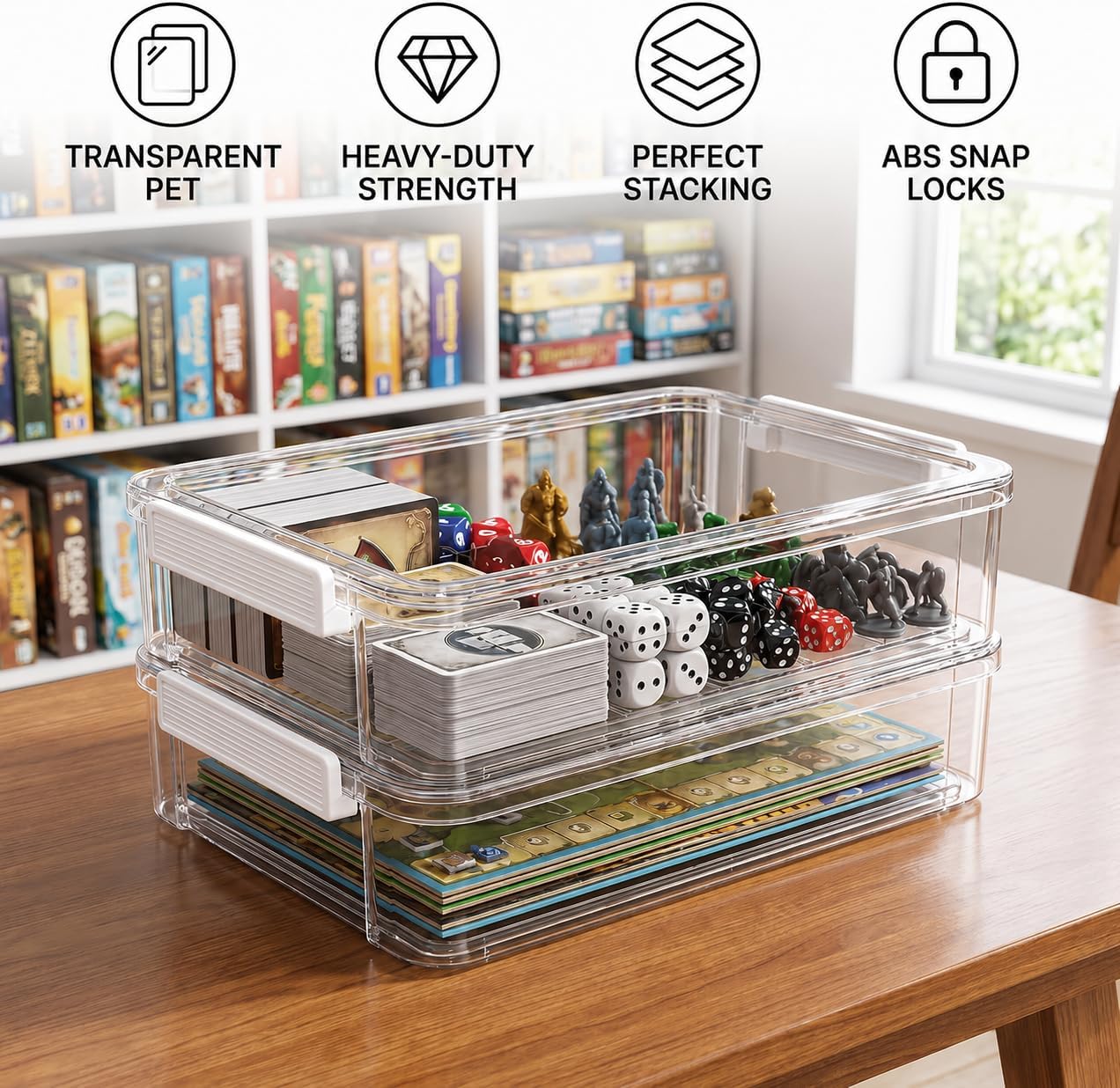 2 Pack Board Game Storage Box with Snap-Tight Latch Lid, Clear Stackable Plastic Craft Organizer Case with Handle for Puzzles, 8.5 x 11 Letter A4 Papers, Magazines, Art Supplies