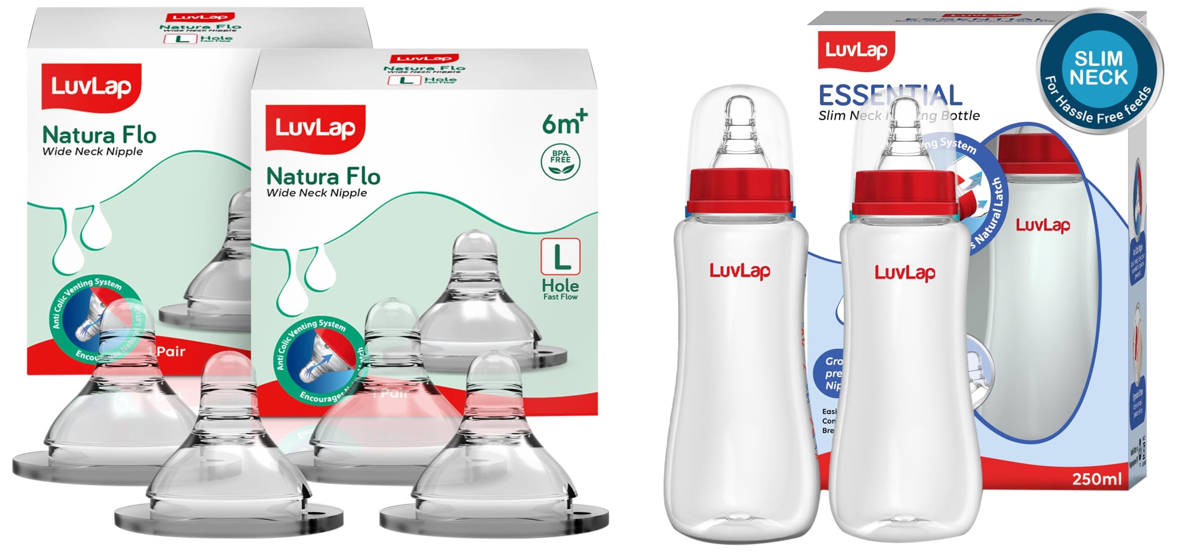 LuvLap Anti-Colic Slim Neck Feeding Bottle (250ml x 2) and Anti-Colic Natura Flo Teat for Wide Neck Bottle (4pcs) Fast Flow 6m+ BPA Free-picture-18