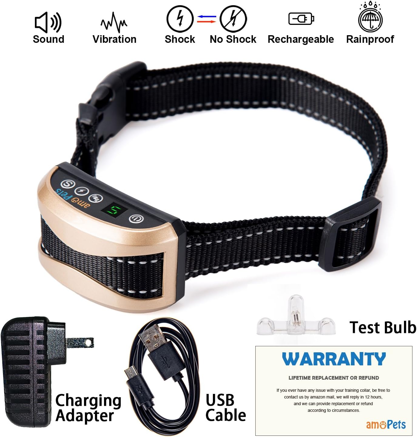 Bark Collar for Small Medium Large Dogs - Rechargeable Anti Barking Collar with Charging Adapter, Rainproof, Humane Shock or No / Vibration / Beep / Anti Bark Reflective Collar