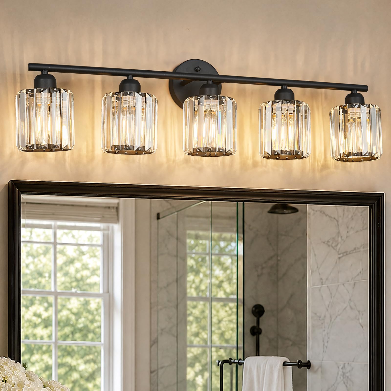 Photo 1 of FDPBY Modern 5-Light Crystal Vanity Lighting, Black Bathroom Light Fixture