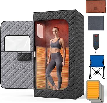 COSTWAY Portable Infrared Sauna Steam, Full Body Sauna Tent Steam Room with 3/4 Heaters, Timer, Heated Foot Pad, Remote Control & Chair, Personal Home Spa Pod Box for Therapy Detox Black, Cuboid