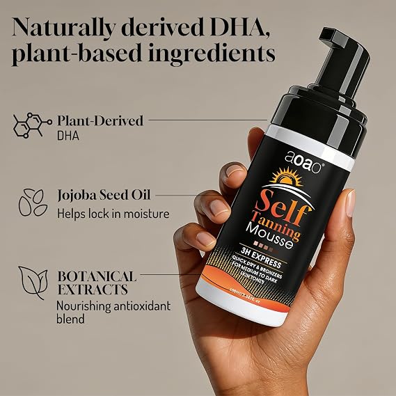 Self Tanner Tanning Mousse Kit, Medium to Dark Sunless Tan Mousse with Mitt Applicator, Lightweight Fake Tan Foam, Enriched with Aloe Vera & Coconut Provides an Even, Streak-Free Tan, 3.38floz