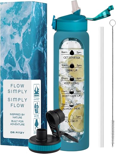 1 Litre Borosilicate Glass Bottle with Silicone Cover &amp; 2 Lids, Motivational Straw Sipper Water Bottle For Adults with Tim...