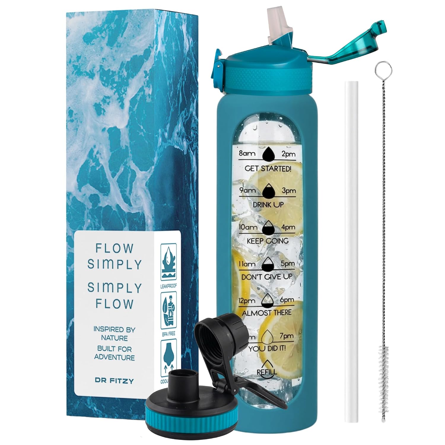 1 Litre Borosilicate Glass Bottle with Silicone Cover & 2 Lids, Motivational Straw Sipper Water Bottle For Adults with Tim...