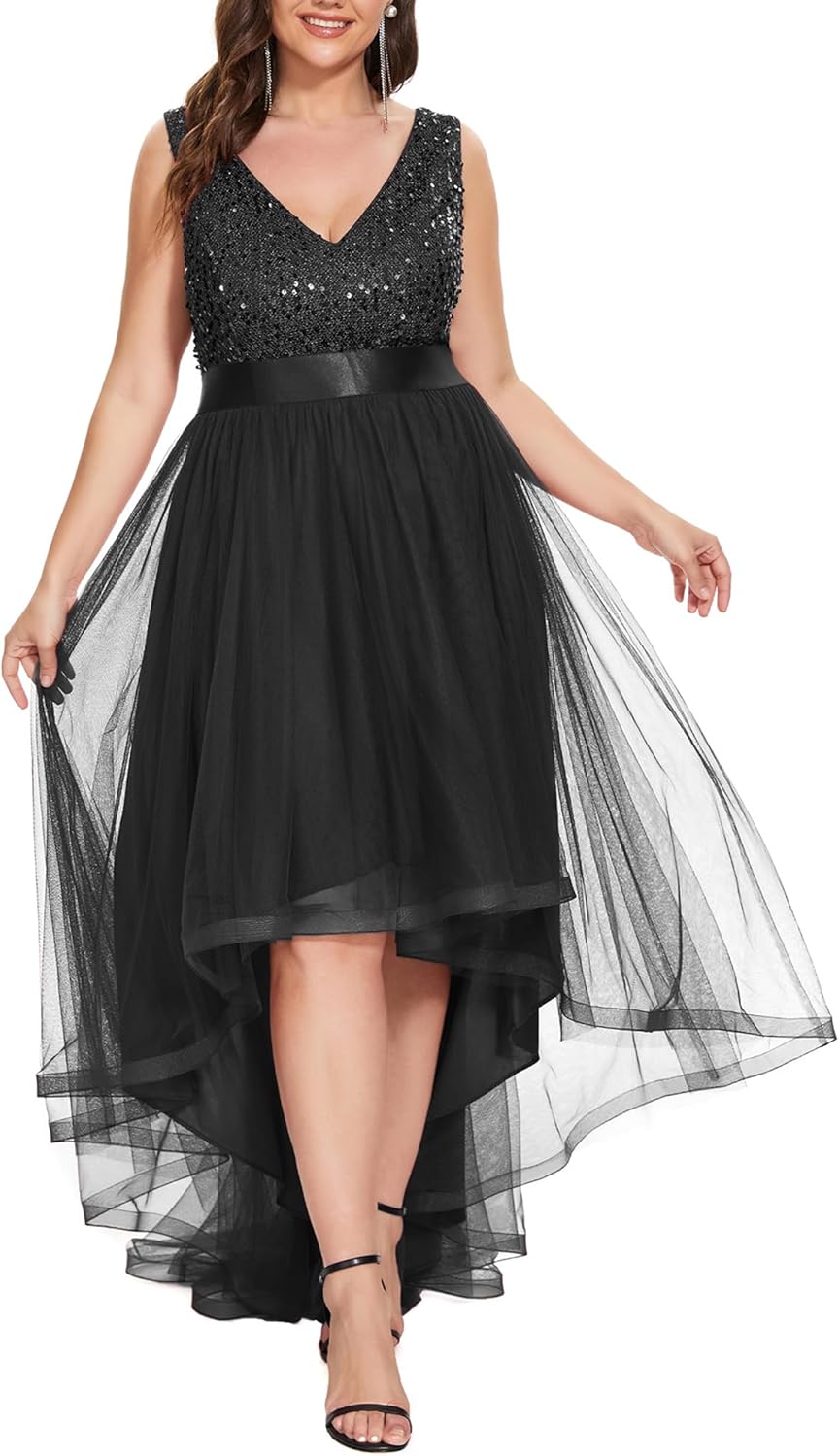 Ever-Pretty Womens Double V Neck A Line High Low Sequin Tulle Plus Size Formal Dresses for Curvy Women 0147A-DA