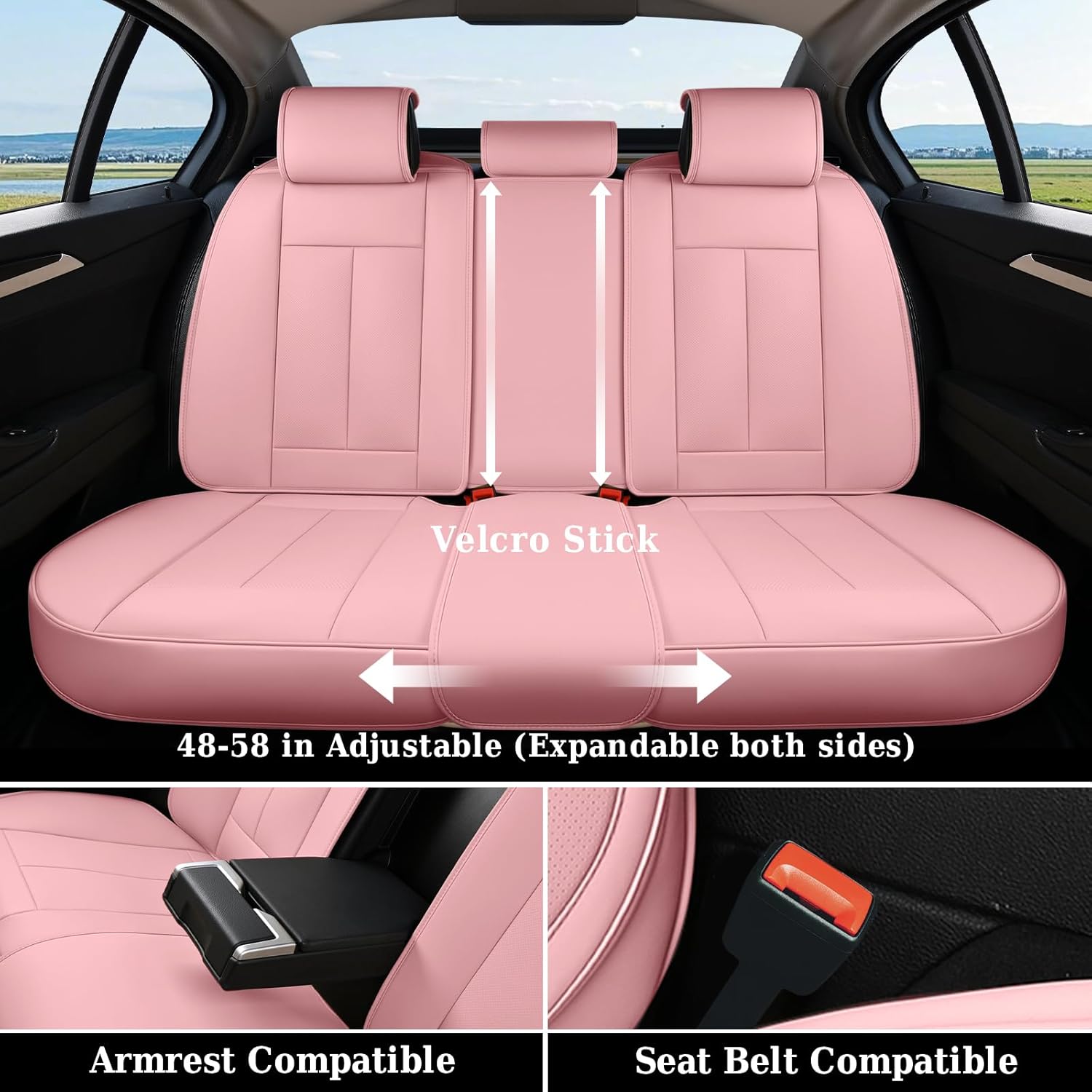 Coverado Rear Seat Covers for Cars, Waterproof Back Car Seat Cover, Pink Backseat Cover, Seat Back Protector for Kids, 3-Pieces Faux Leather Car Seat Cushion Universal Fit for Most Cars