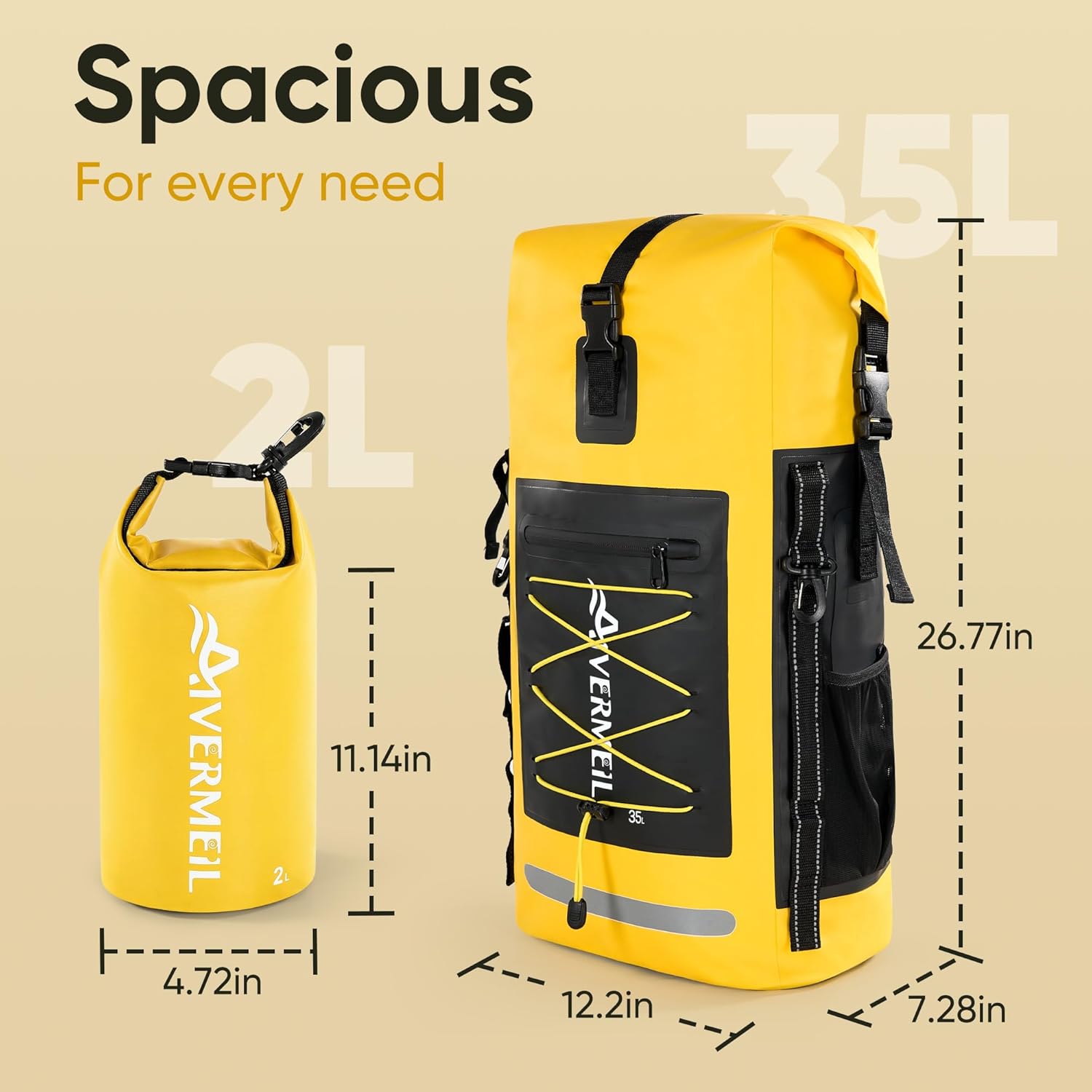 Dry Bag 35L for Men & Women Roll-Top Hiking Backpack with IPX8 Waterproof Phone Case & Detachable Mini Backpack for Kayaking Boating Cushioned Padded Back Yellow